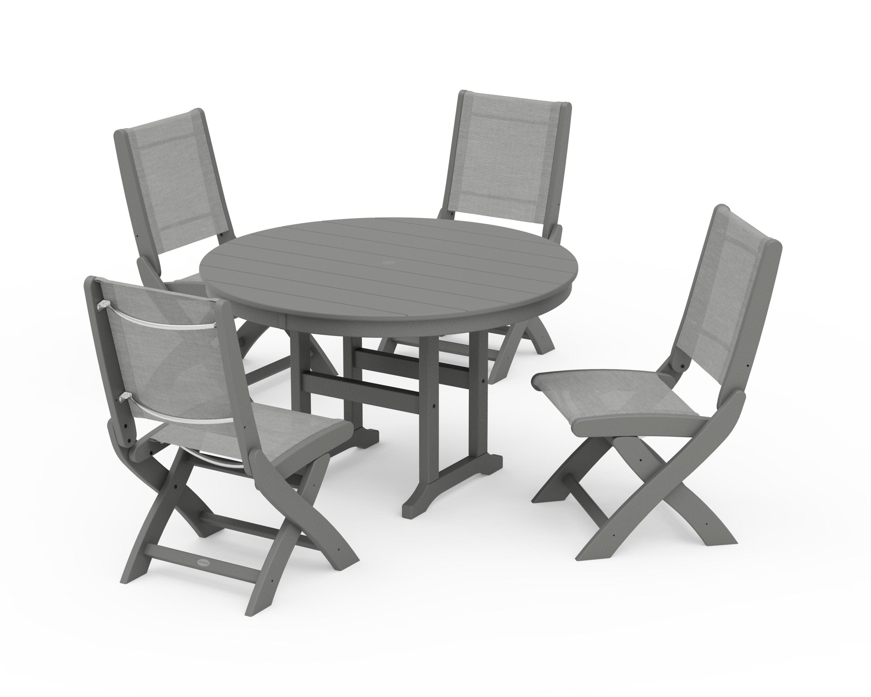 Coastal Folding Side Chair 5-Piece Round Dining Set in Slate Grey / Metallic Sling