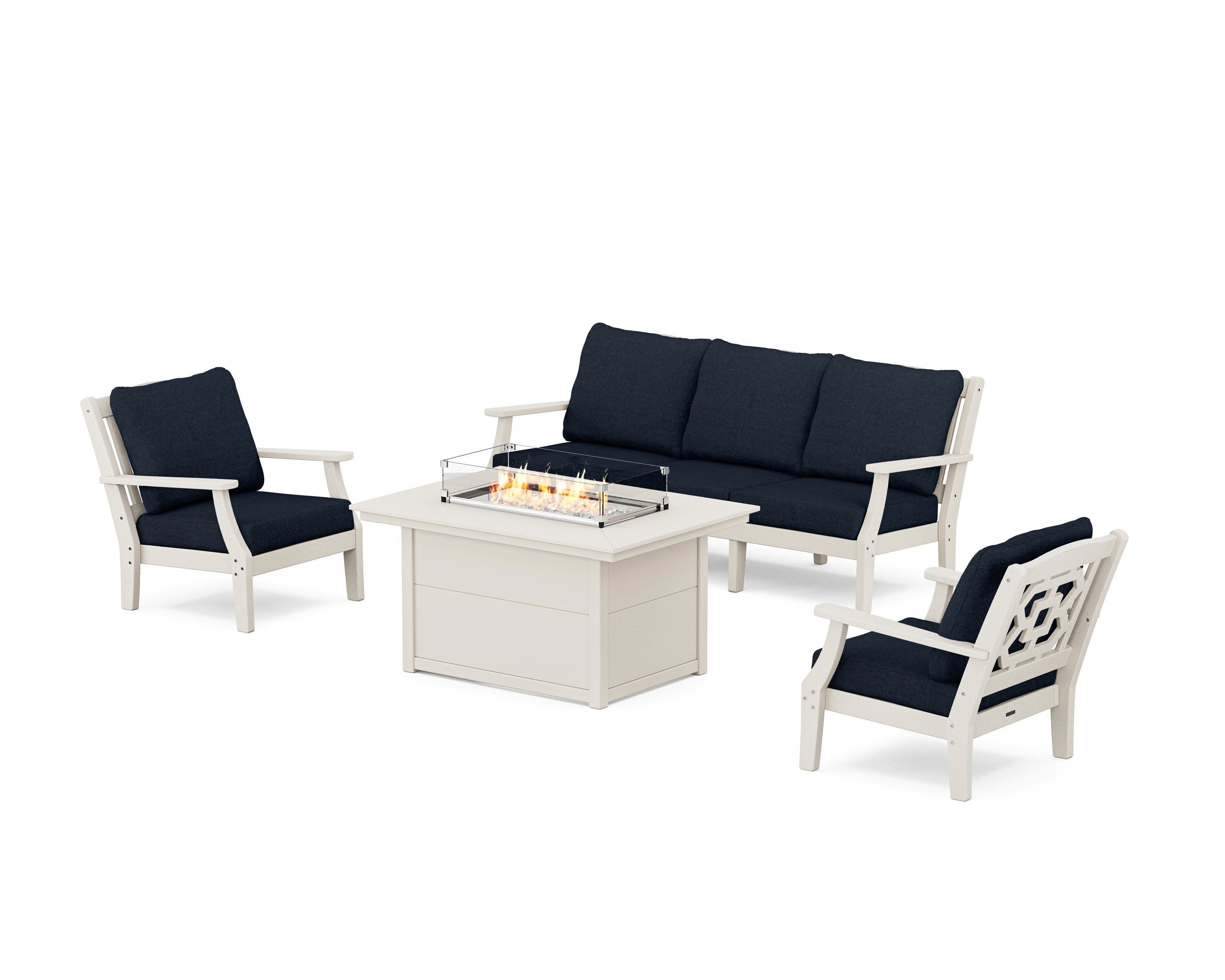 Chinoiserie Deep Seating Fire Pit Table Set in Sand / Marine Indigo