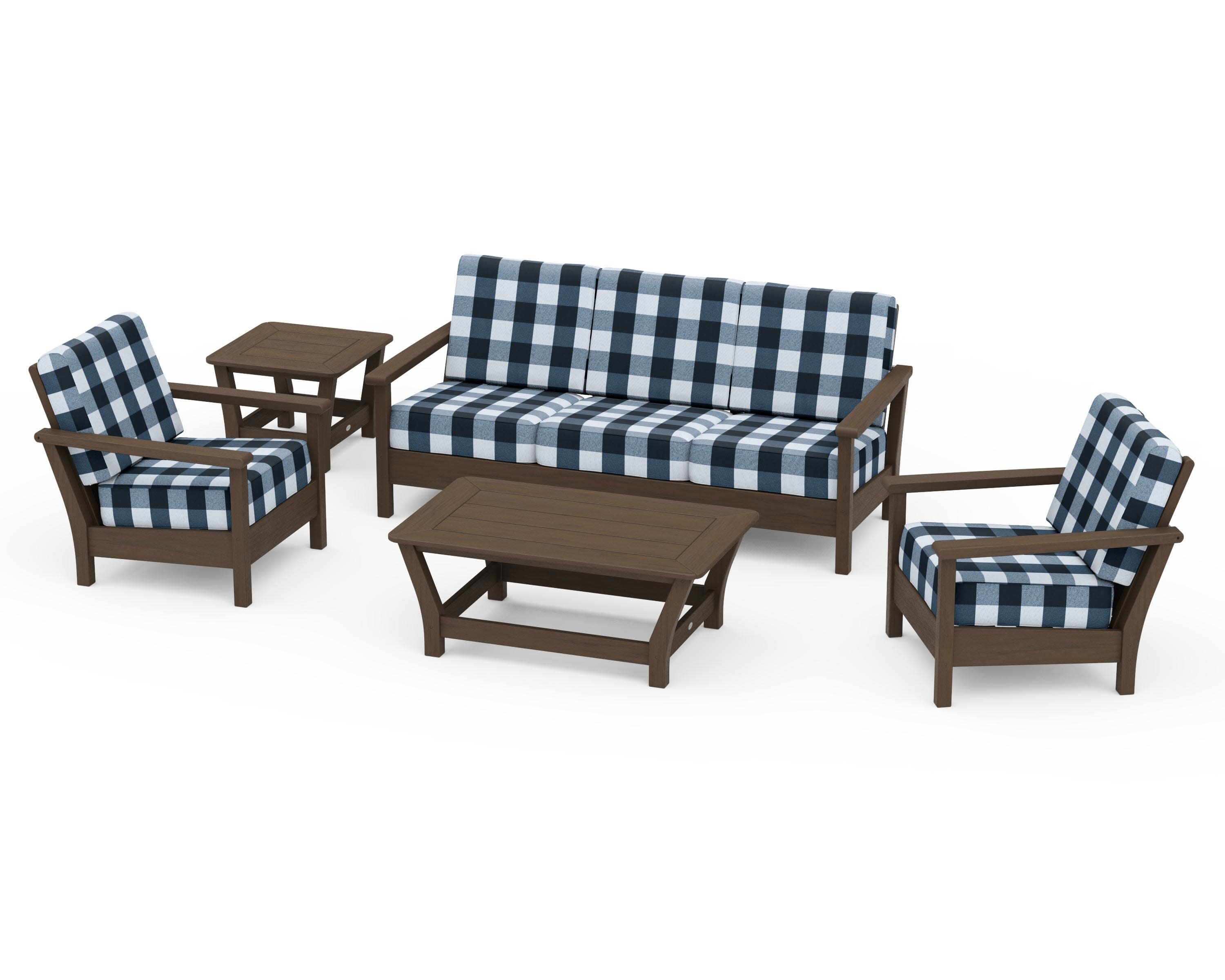 Harbour 5-Piece Deep Seating Set in Kona / Buffalo Plaid Marine Indigo