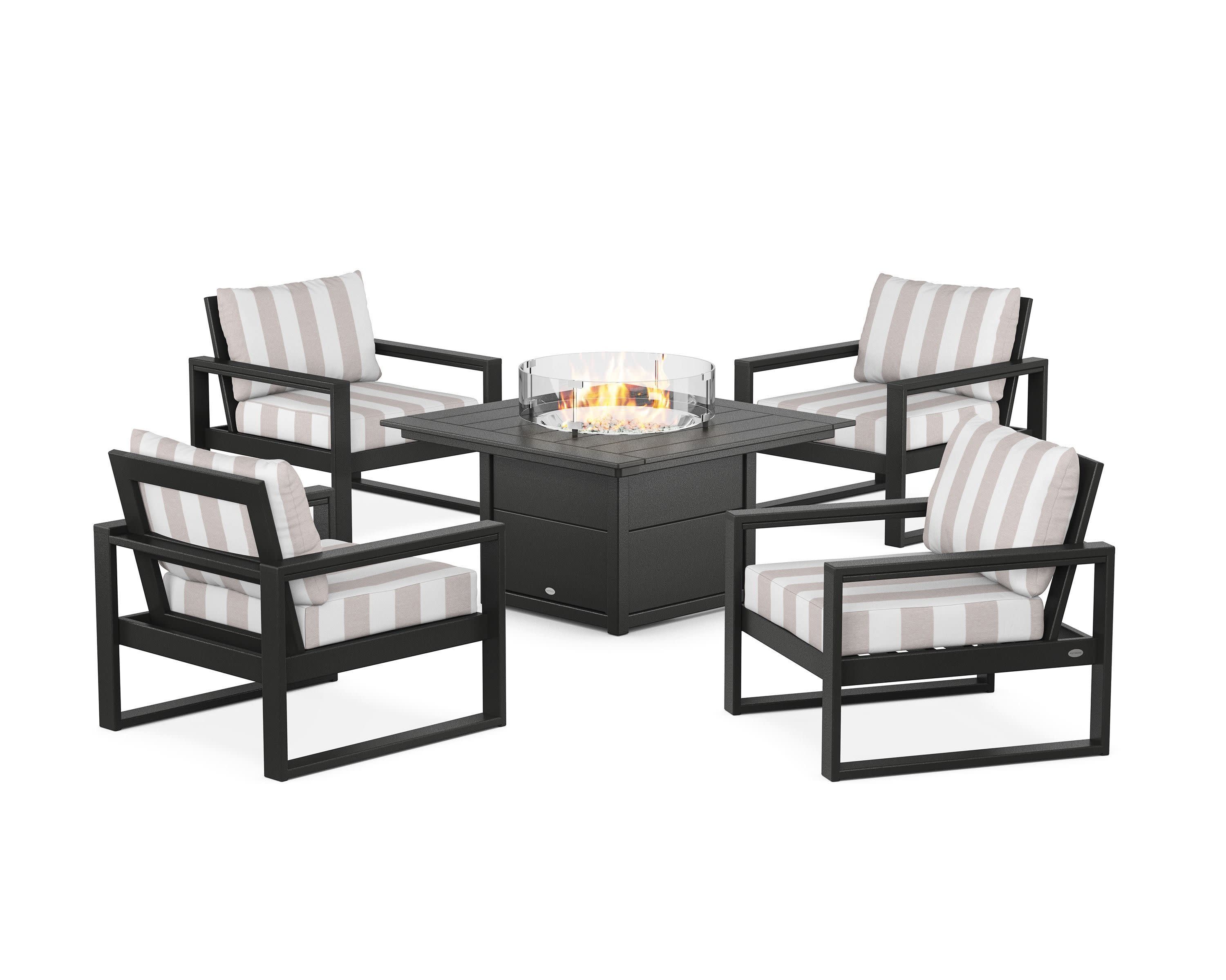 EDGE Sectional 5-Piece Deep Seating Set with Fire Pit Table in Black / Cabana Stripe Dune Burlap