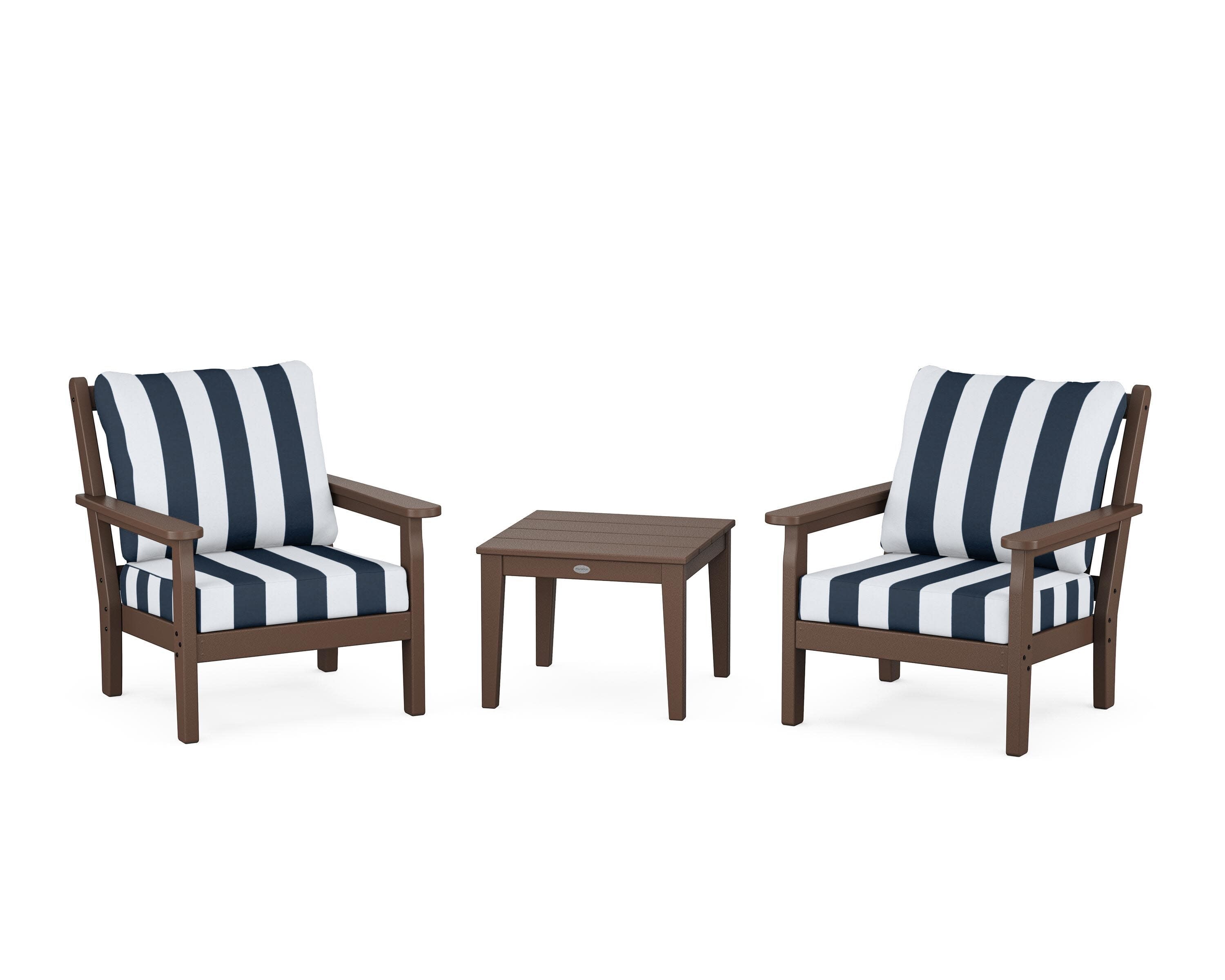 Chippendale 3-Piece Deep Seating Set in Mahogany / Cabana Stripe Marine Indigo