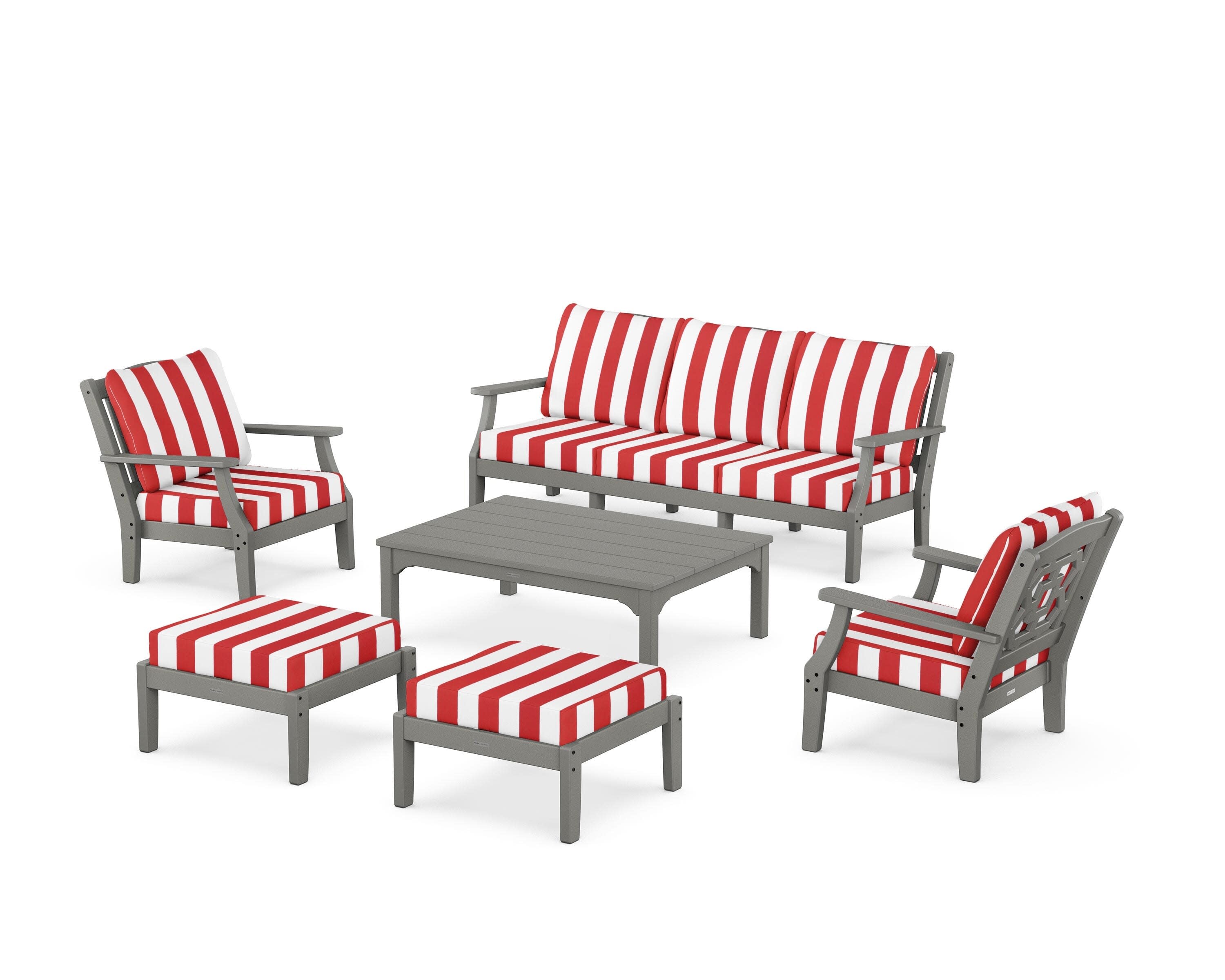 Chinoiserie 6-Piece Lounge Sofa Set in Slate Grey / Cabana Stripe Crimson
