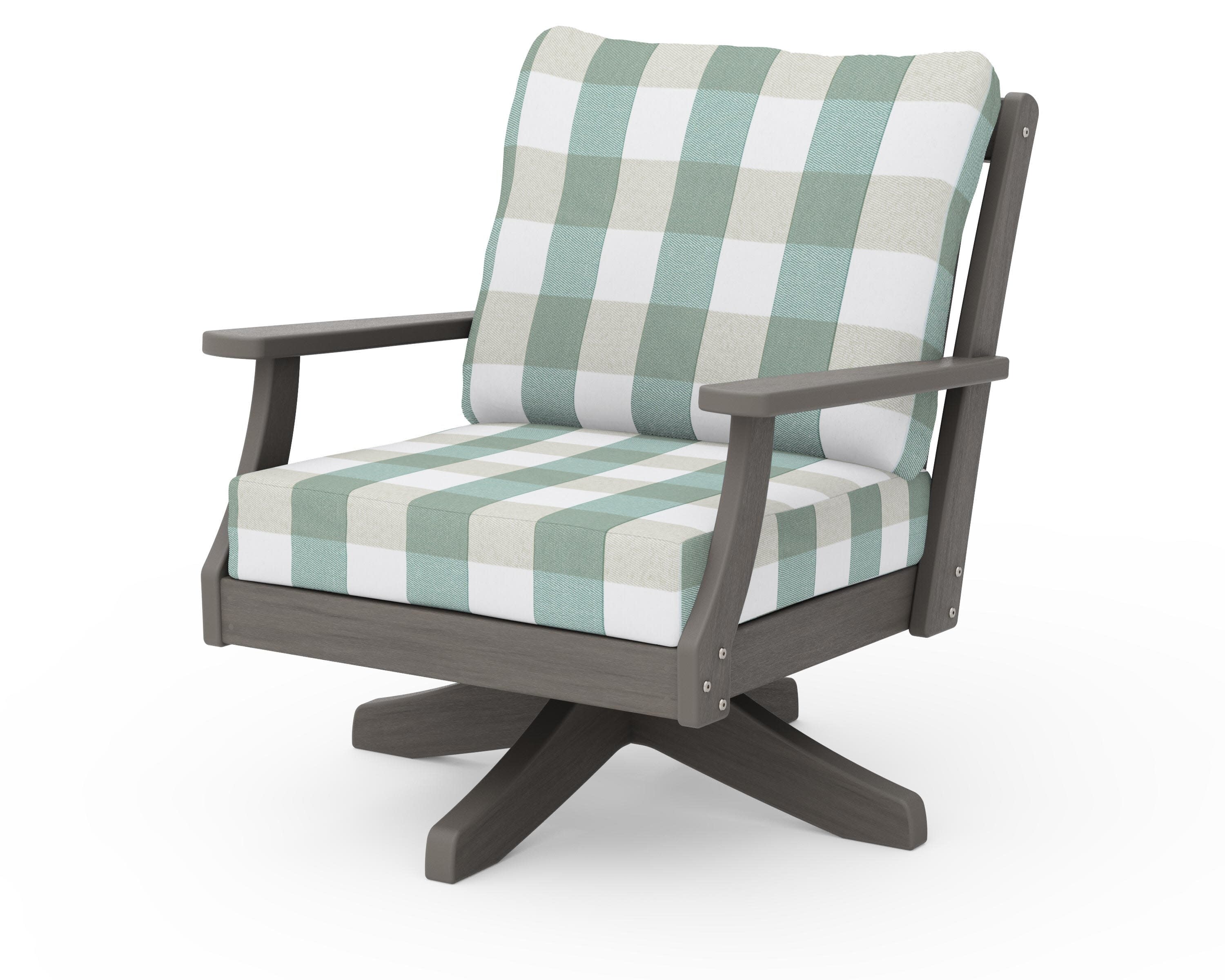 Braxton Deep Seating Swivel Chair in Driftwood / Buffalo Plaid Glacier Spa