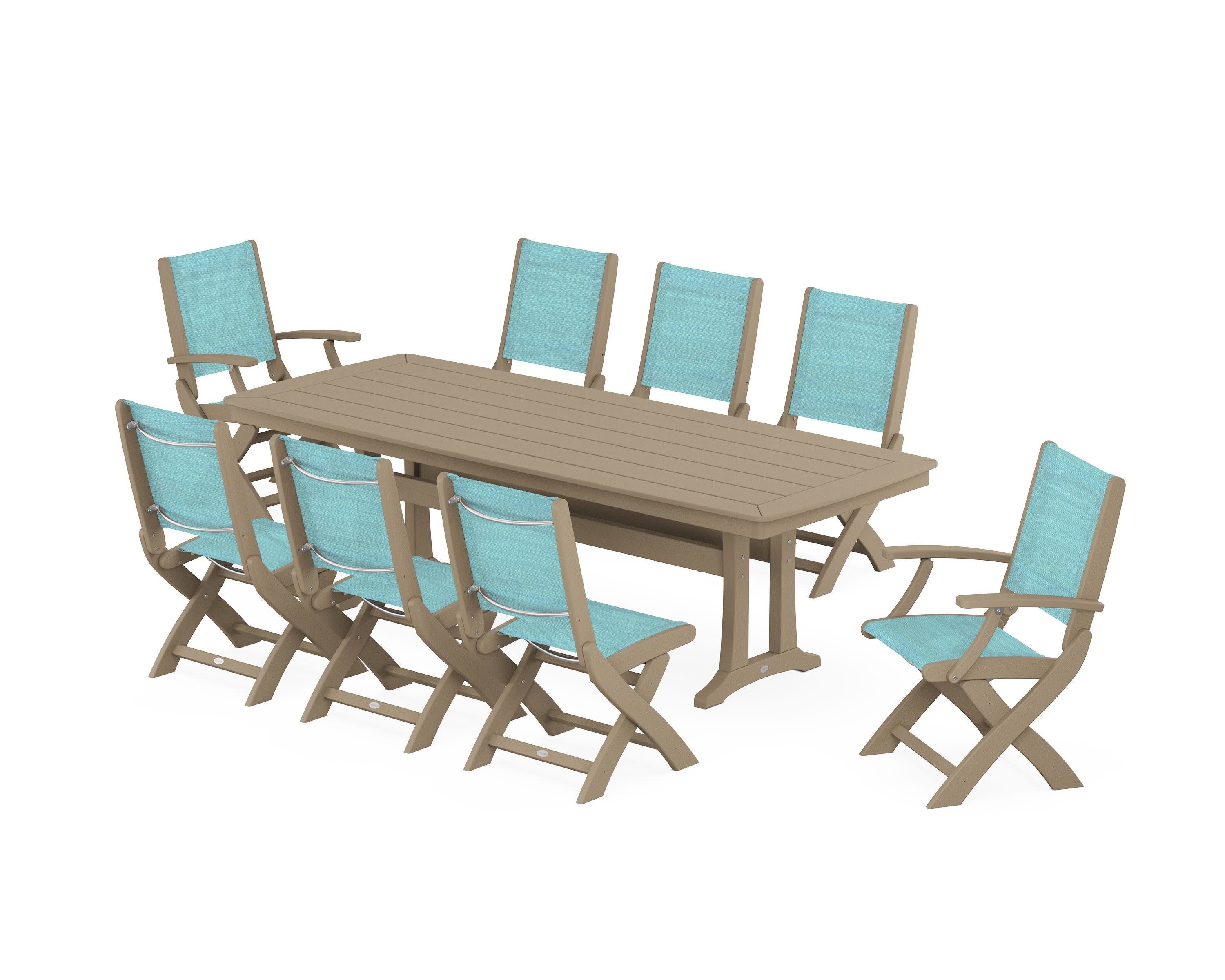 Coastal Folding 9-Piece Dining Set with Trestle Legs in Vintage Sahara / Dupioni Aquamarine Sling