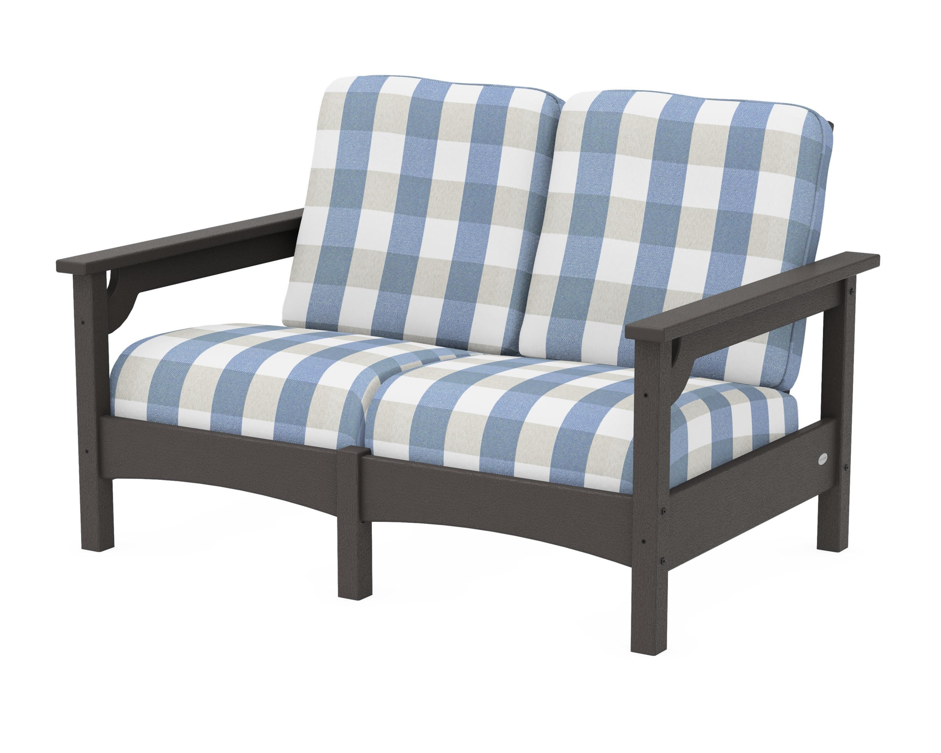 Club Loveseat in Vintage Coffee / Buffalo Plaid Sky Blue