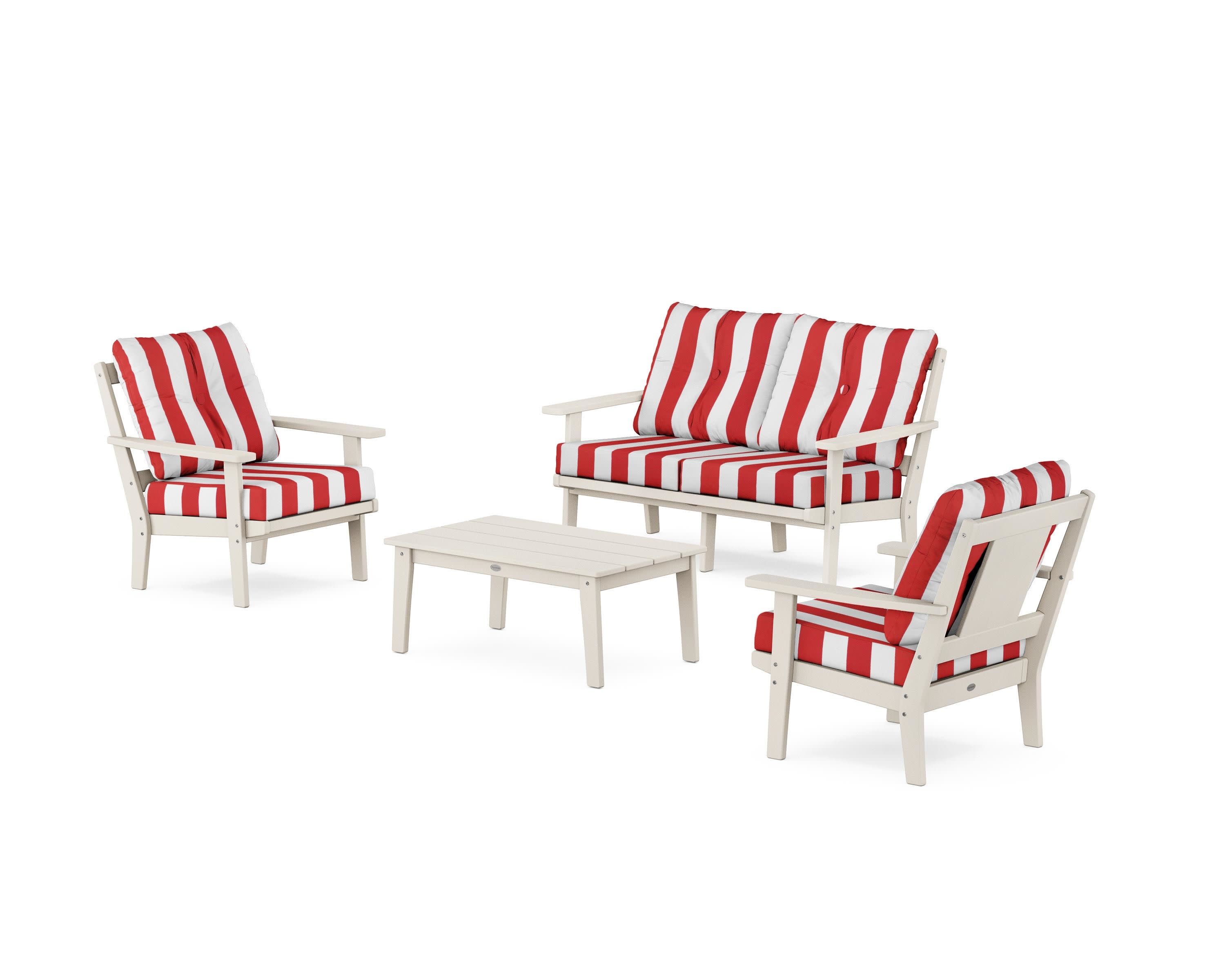 Prairie 4-Piece Deep Seating Set with Loveseat in Sand / Cabana Stripe Crimson