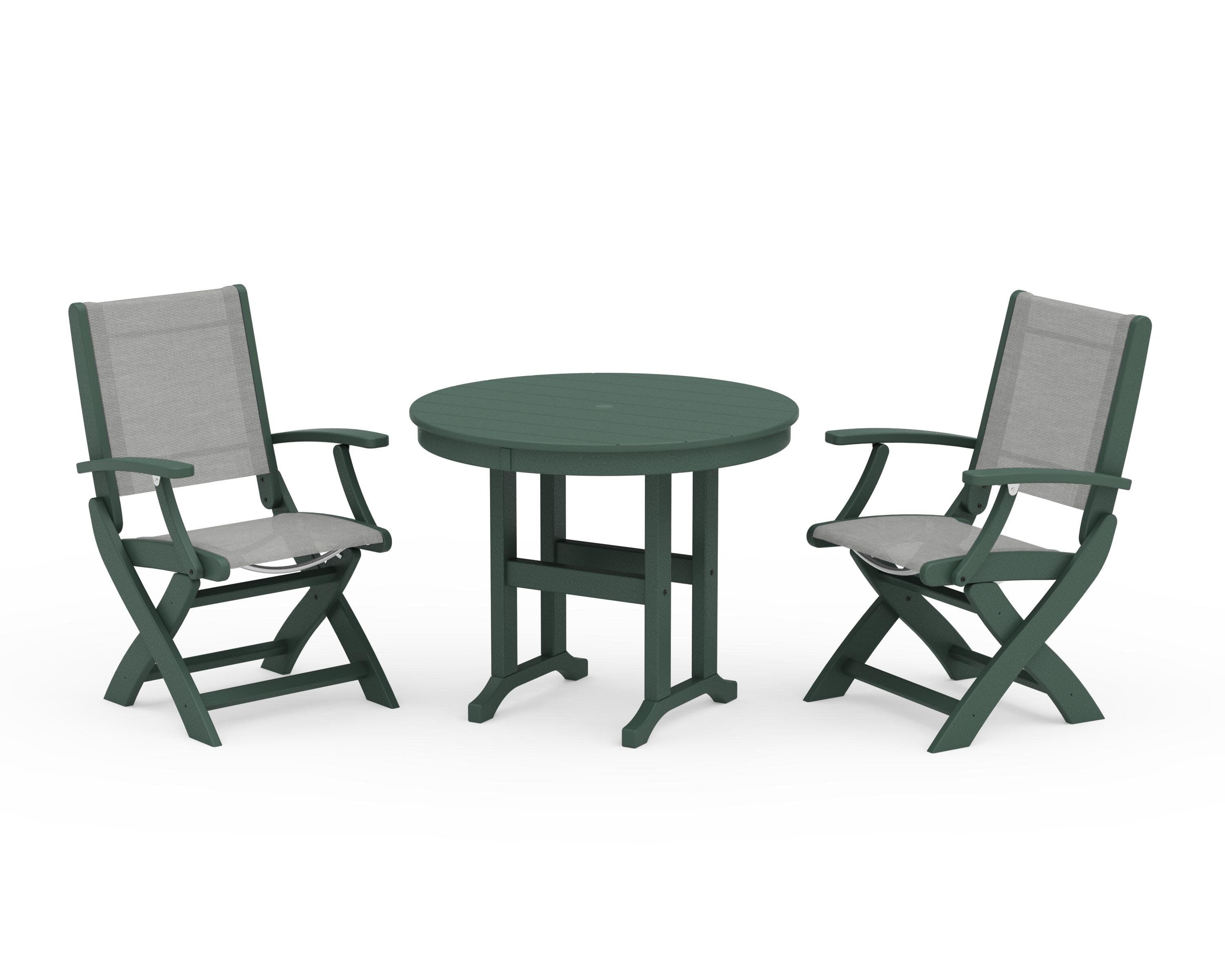 Coastal Folding Chair 3-Piece Round Dining Set in Green / Metallic Sling