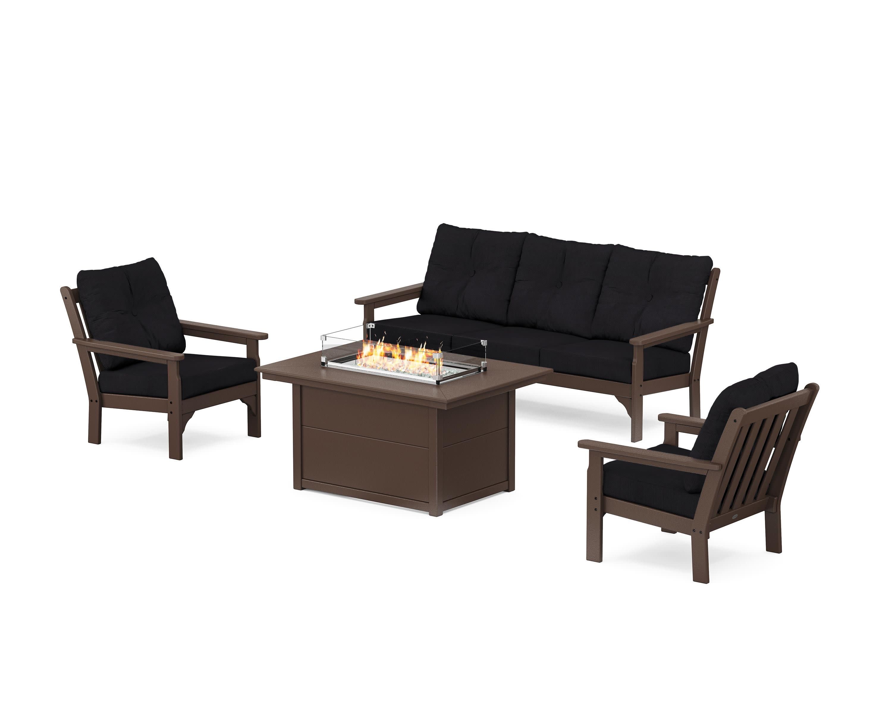 Vineyard Deep Seating Fire Pit Table Set in Mahogany / Midnight Linen