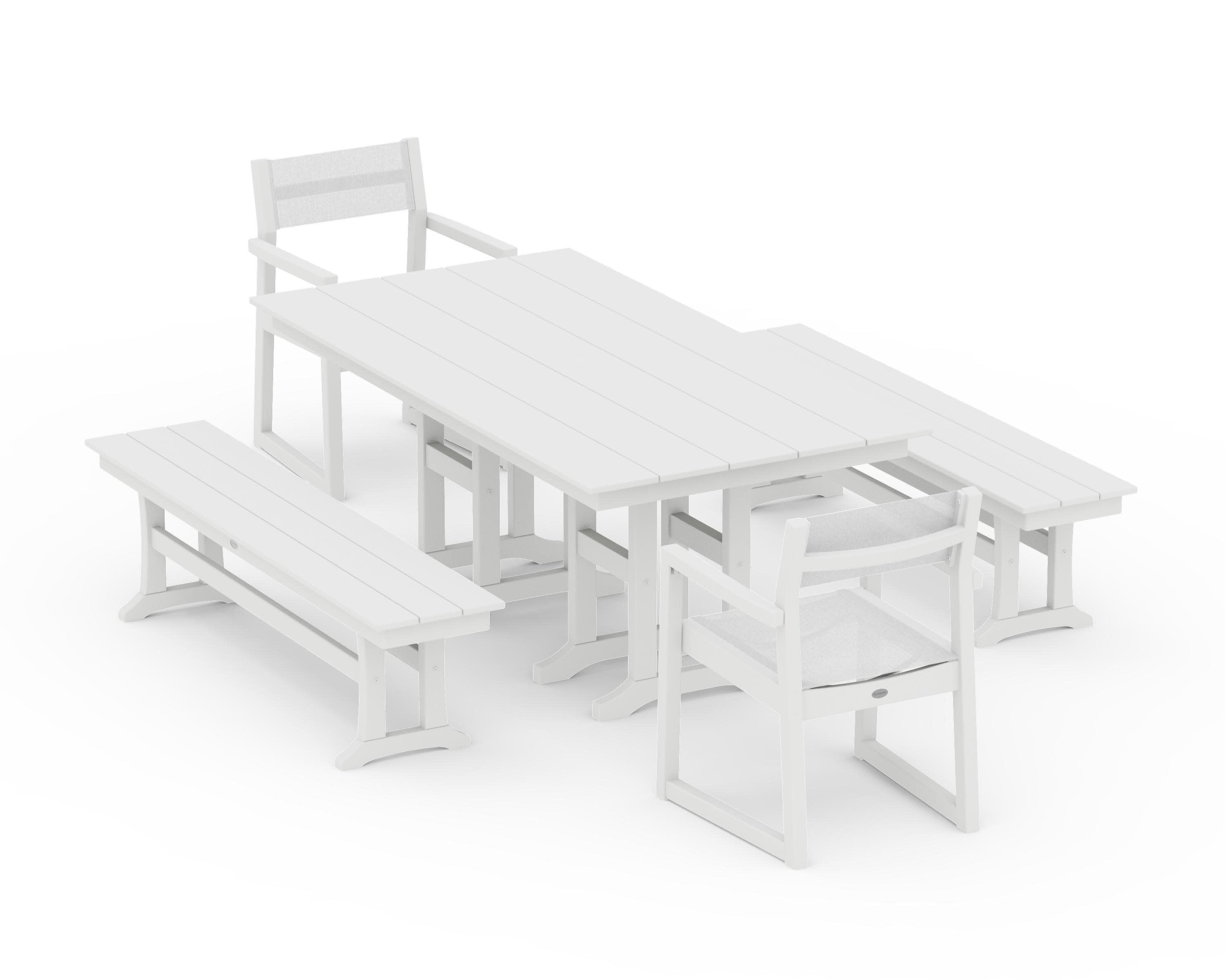EDGE Sling Arm Chair 5-Piece Farmhouse Dining Set with Benches in White / White Sling