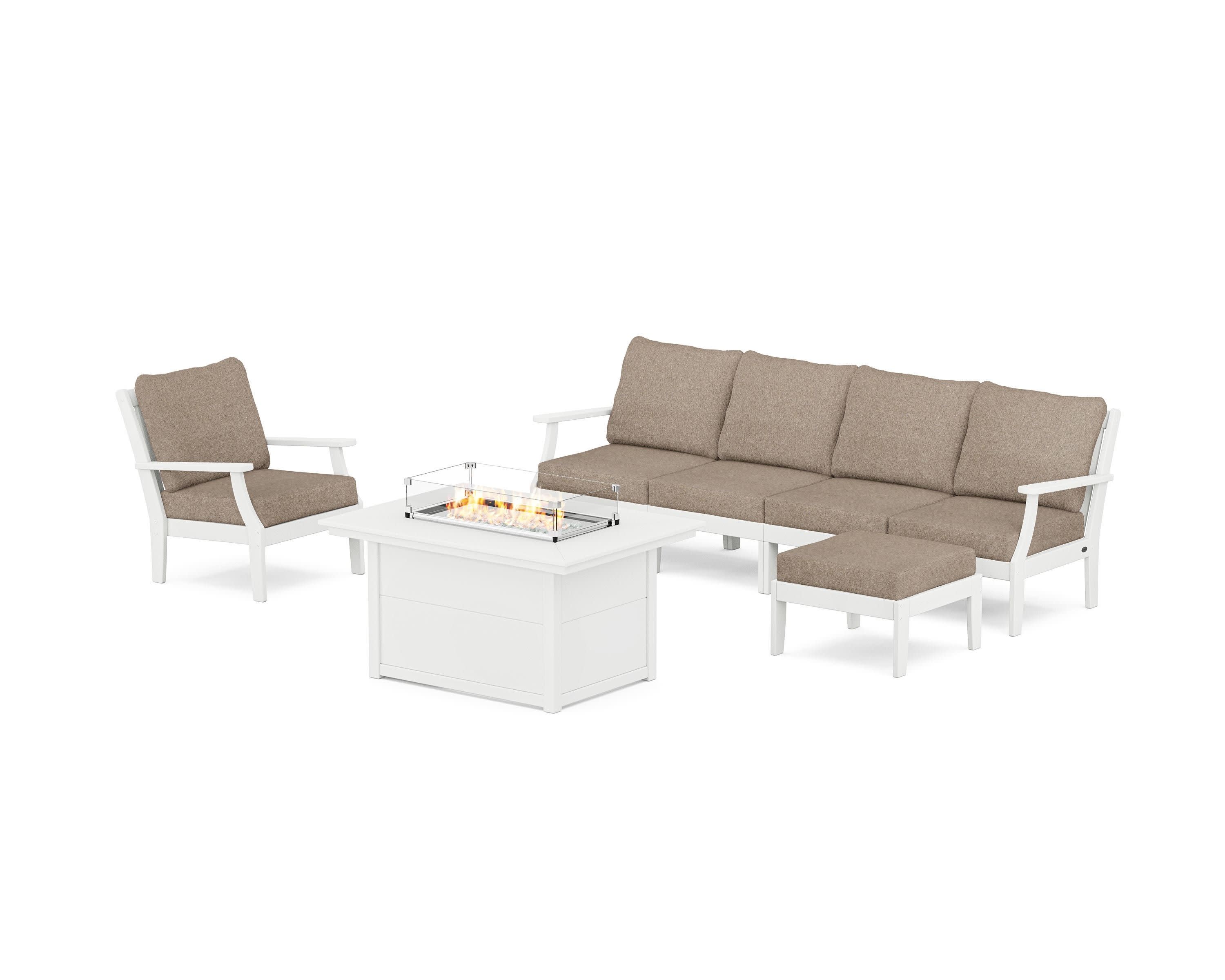 Braxton Sectional Lounge and Fire Pit Set in White / Spiced Burlap