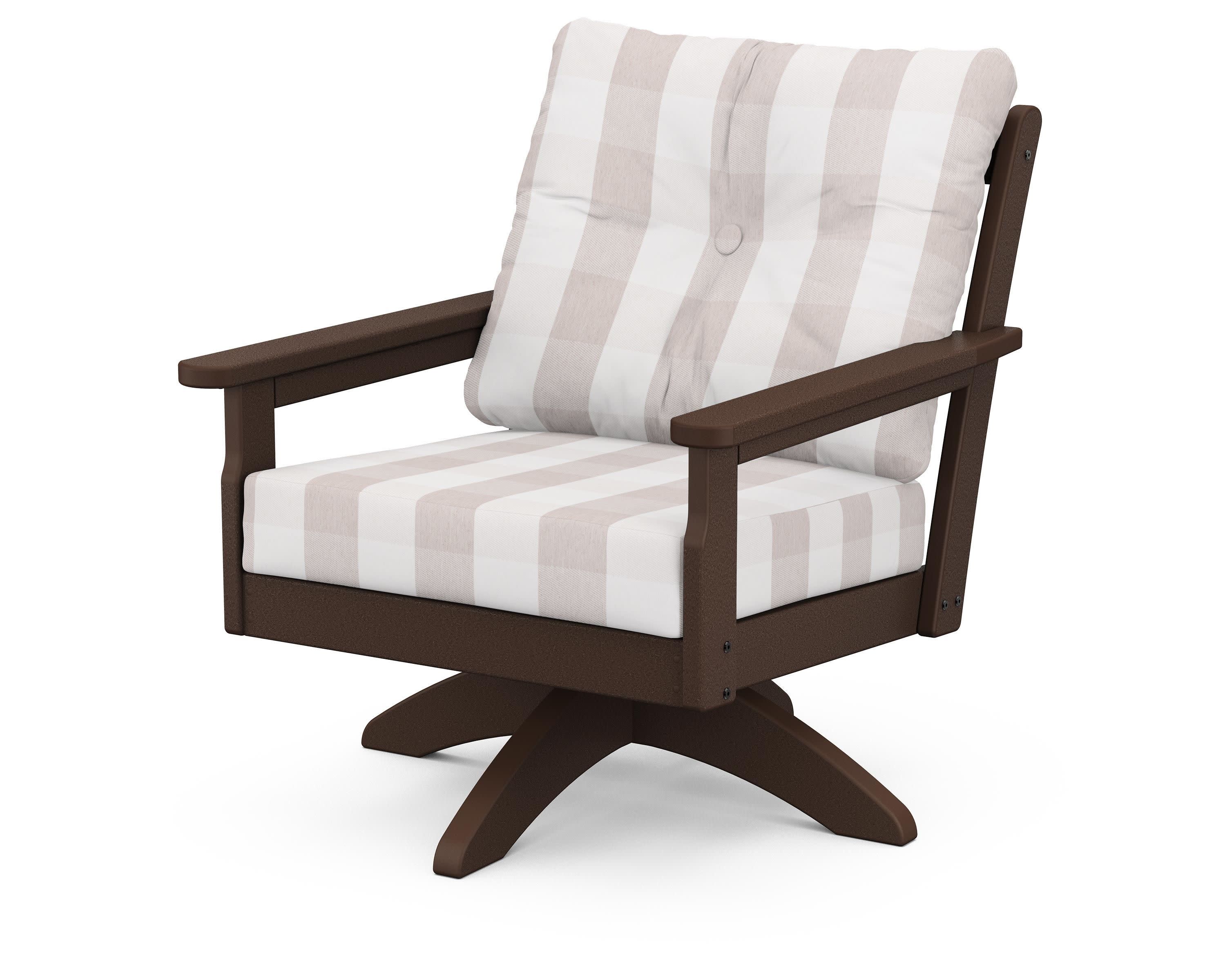 Vineyard Deep Seating Swivel Chair in Mahogany / Buffalo Plaid Dune Burlap
