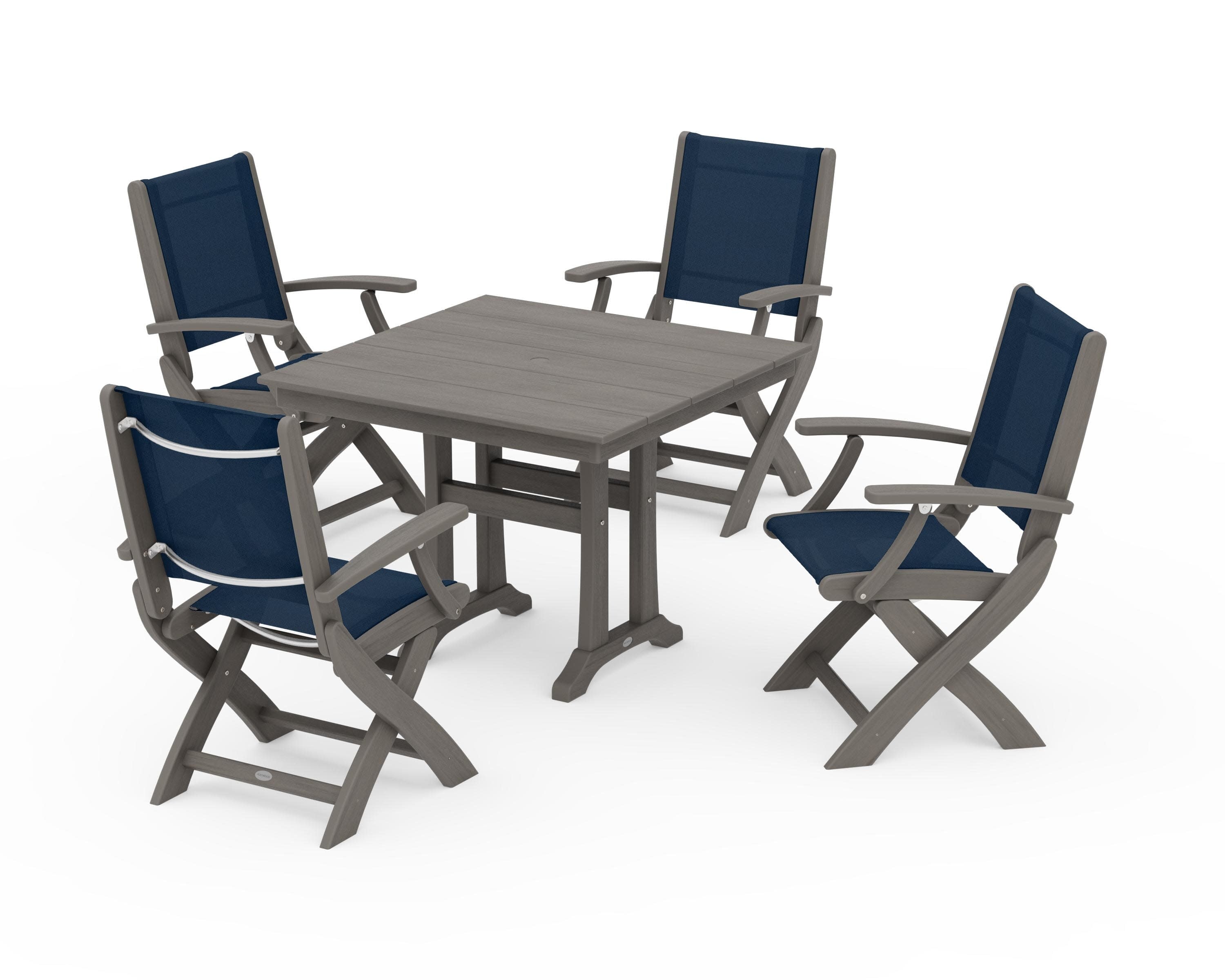 Coastal Folding Chair 5-Piece Farmhouse Dining Set With Trestle Legs in Driftwood / Navy Blue Sling