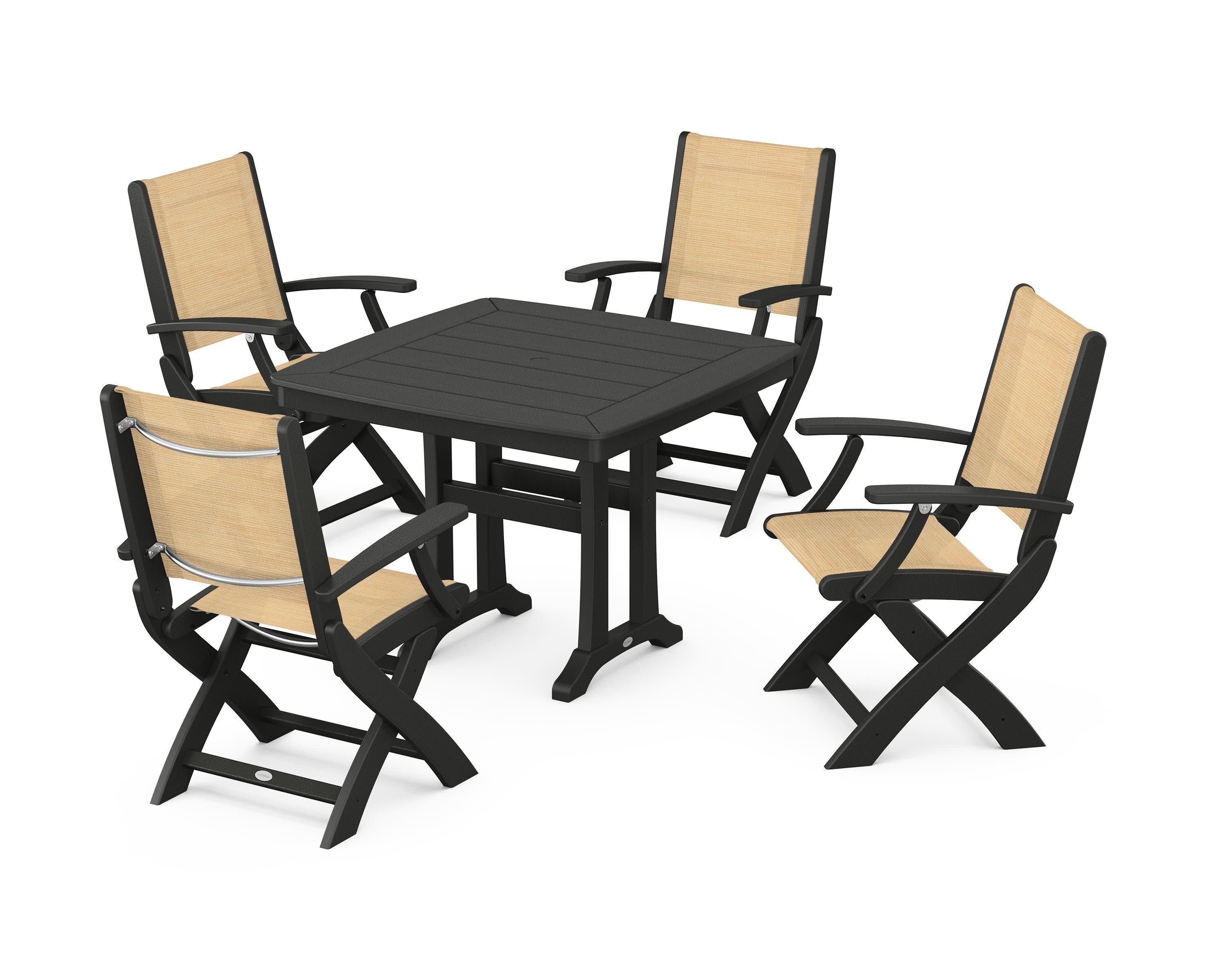 Coastal Folding Chair 5-Piece Dining Set with Trestle Legs in Black / Dupioni Apricot Sling
