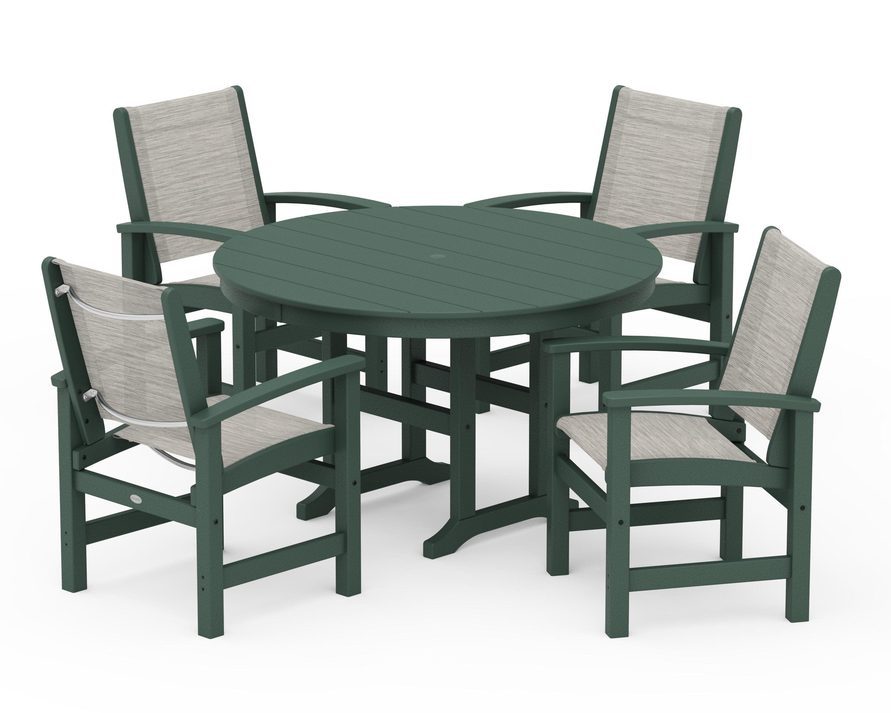 Coastal 5-Piece Round Farmhouse Dining Set in Green / Birch Sling