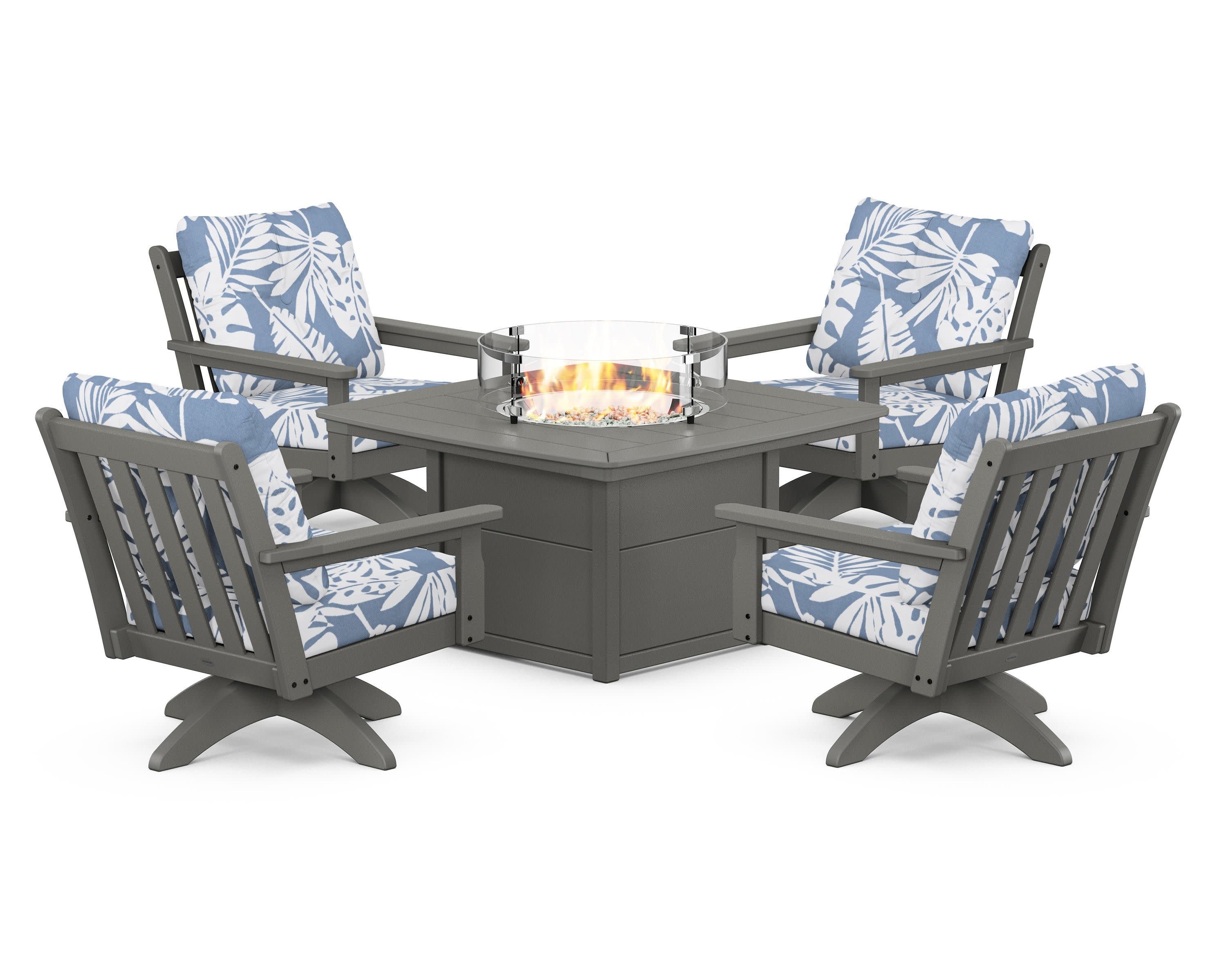 Vineyard 5-Piece Deep Seating Swivel Conversation Set with Fire Pit Table in Slate Grey / Leaf Sky Blue