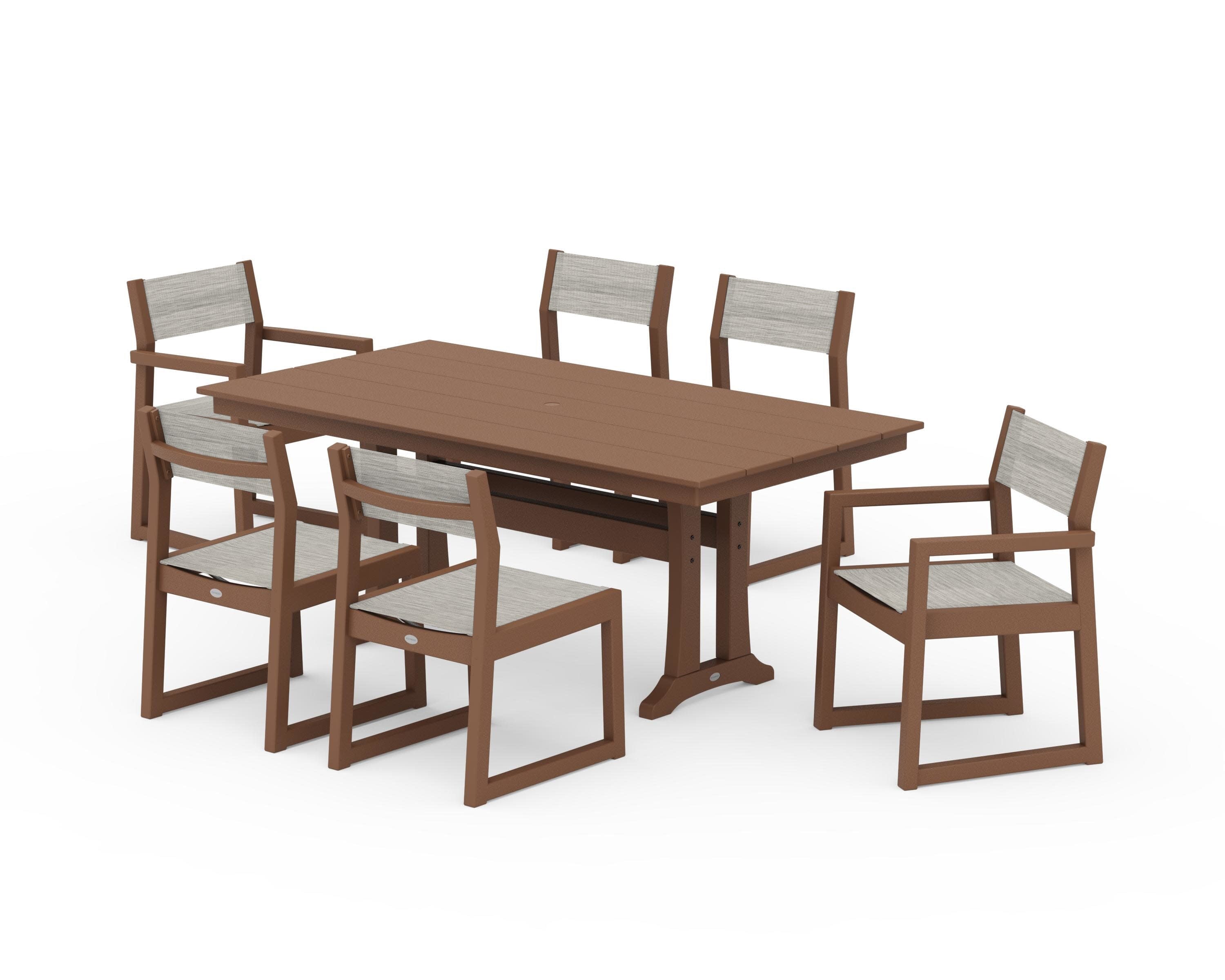 EDGE Sling 7-Piece Farmhouse Trestle Dining Set in Teak / Birch Sling
