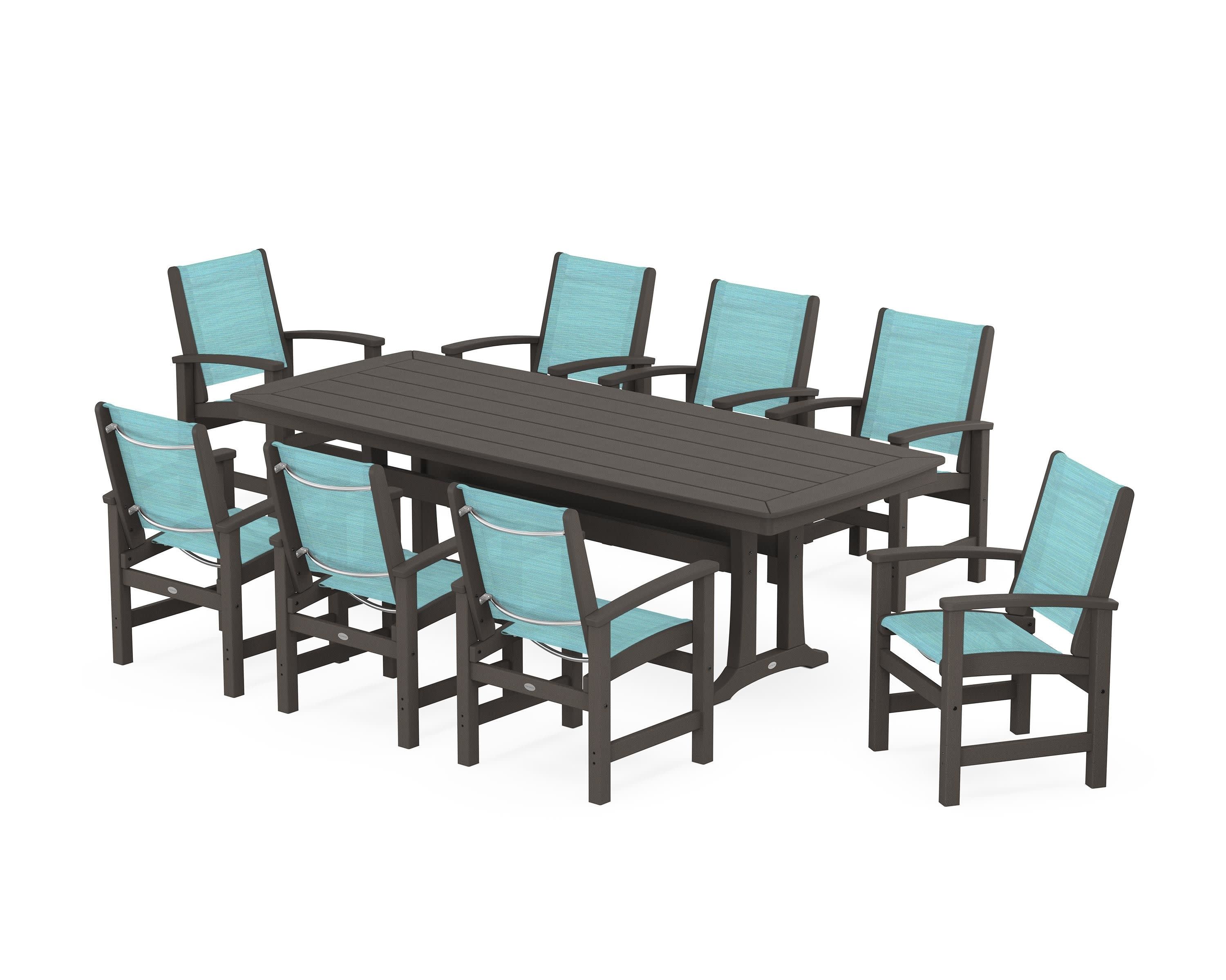 Coastal 9-Piece Dining Set with Trestle Legs in Vintage Coffee / Dupioni Aquamarine Sling