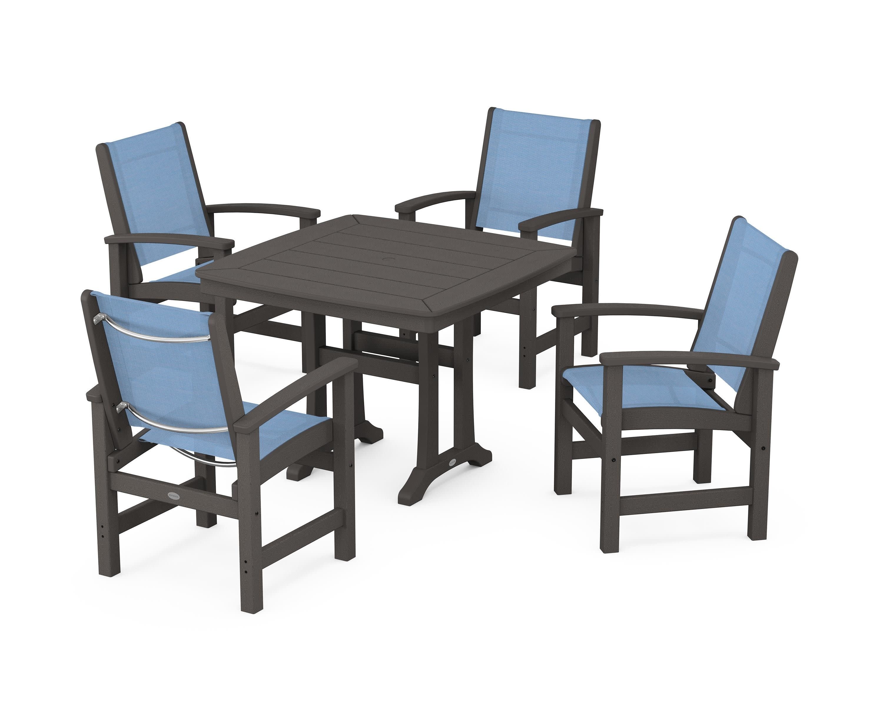 Coastal 5-Piece Dining Set with Trestle Legs in Vintage Coffee / Poolside Sling