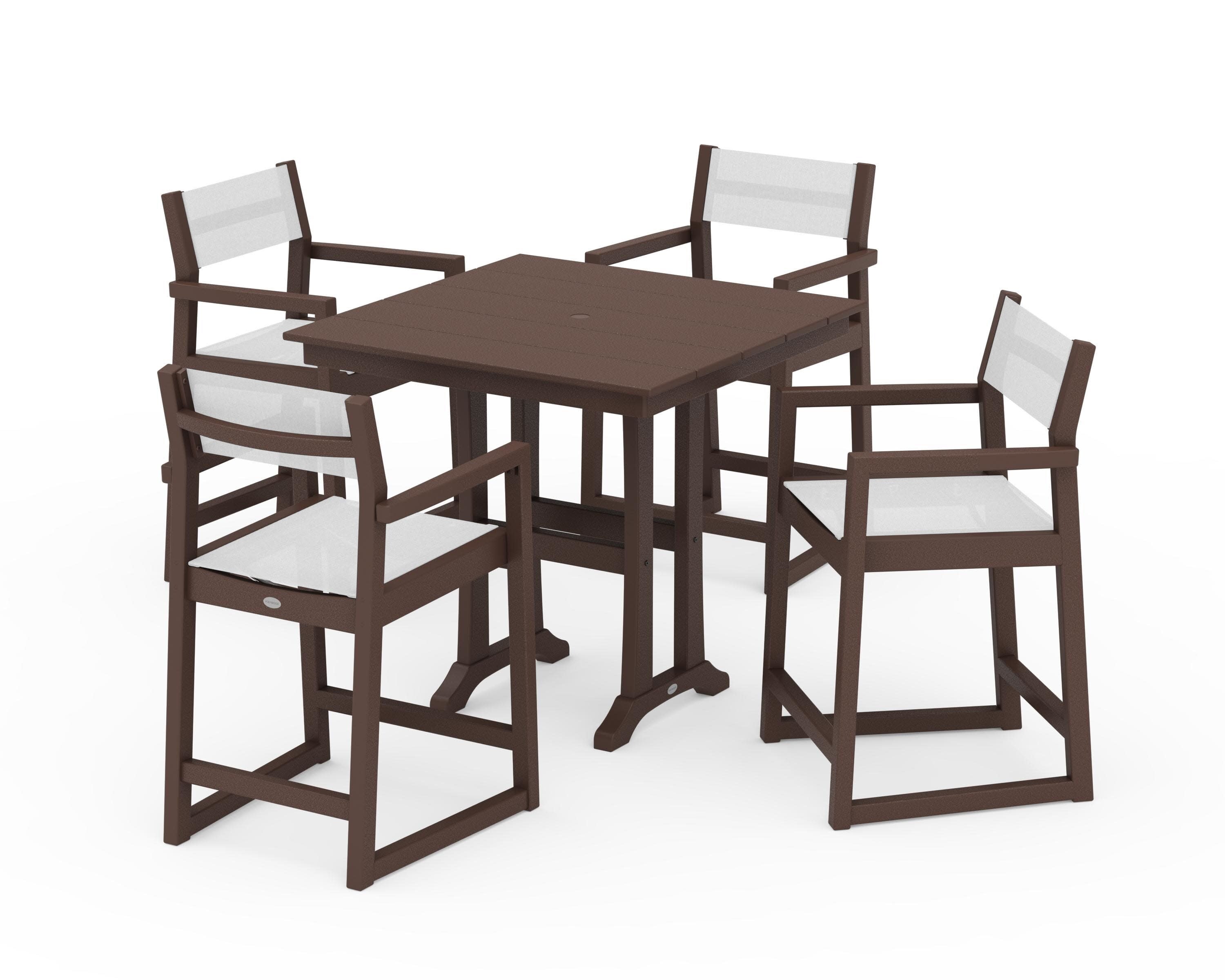 EDGE Sling Arm Chair 5-Piece Farmhouse Counter Set with Trestle Legs in Mahogany / White Sling