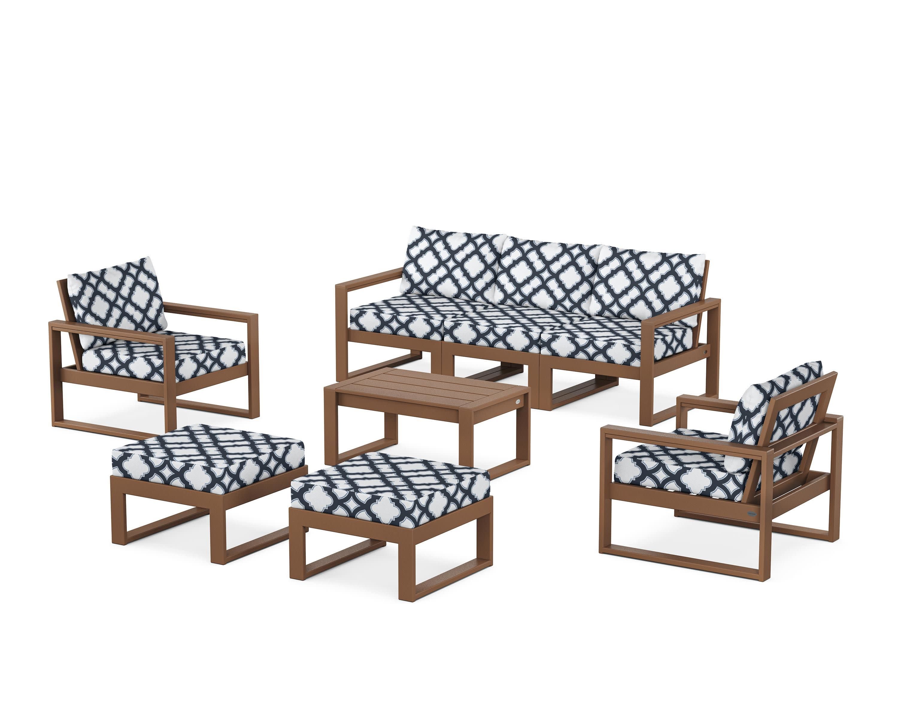 EDGE Sectional 8-Piece Lounge Sofa Set in Teak / Trellis Marine Indigo
