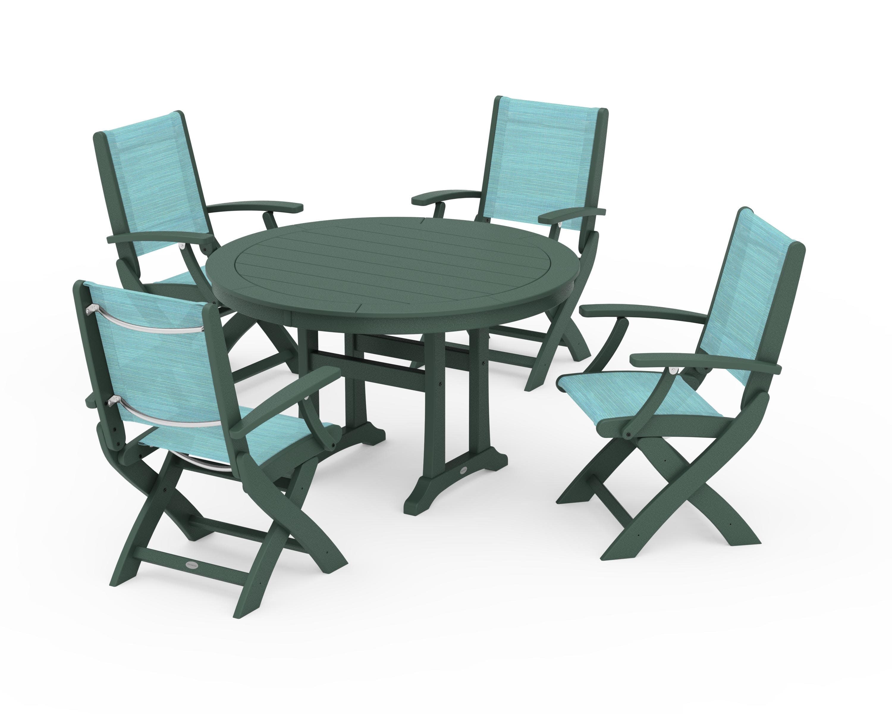 Coastal Folding Chair 5-Piece Round Dining Set with Trestle Legs in Green / Dupioni Aquamarine Sling
