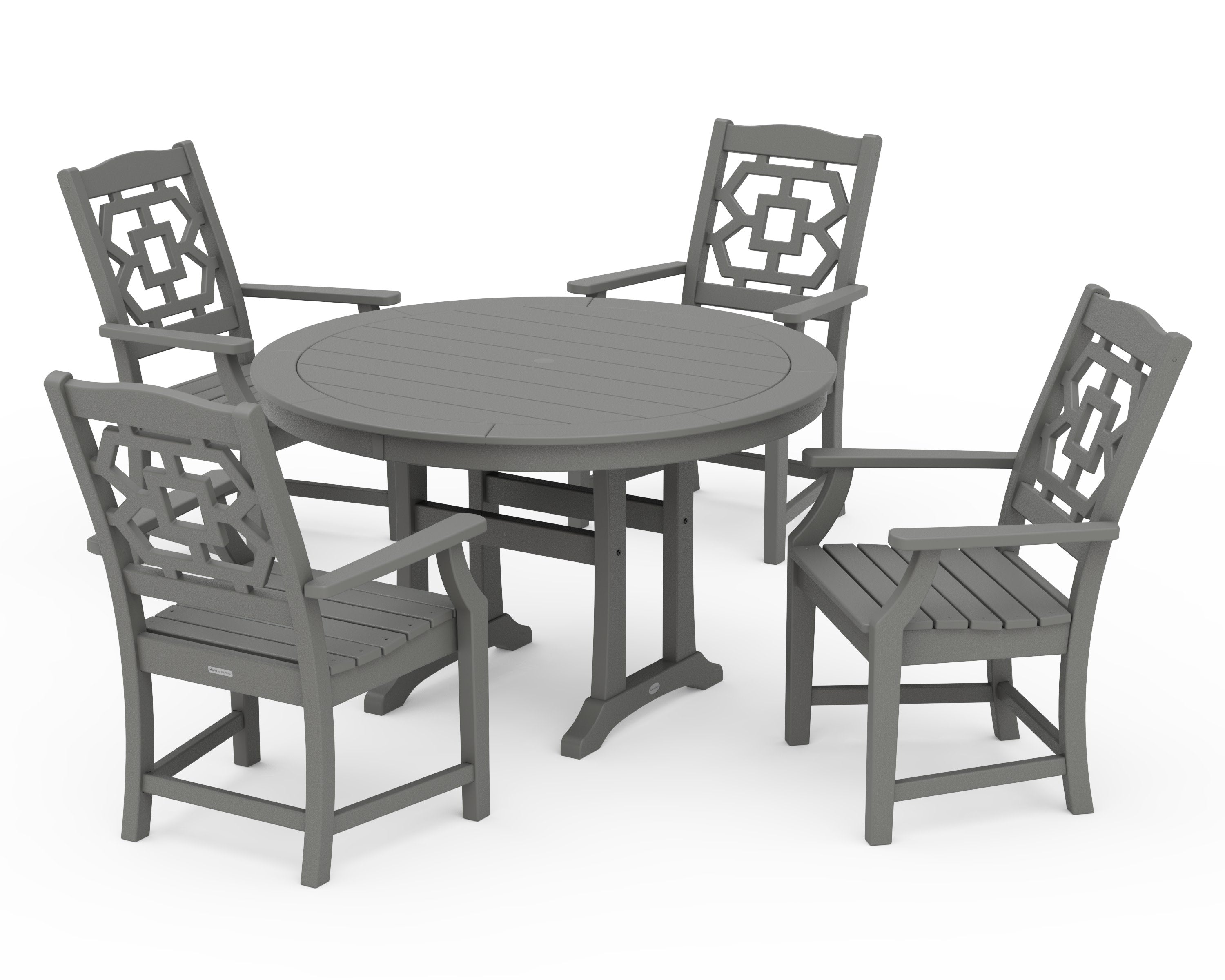 Chinoiserie 5-Piece Round Dining Set with Trestle Legs in Slate Grey