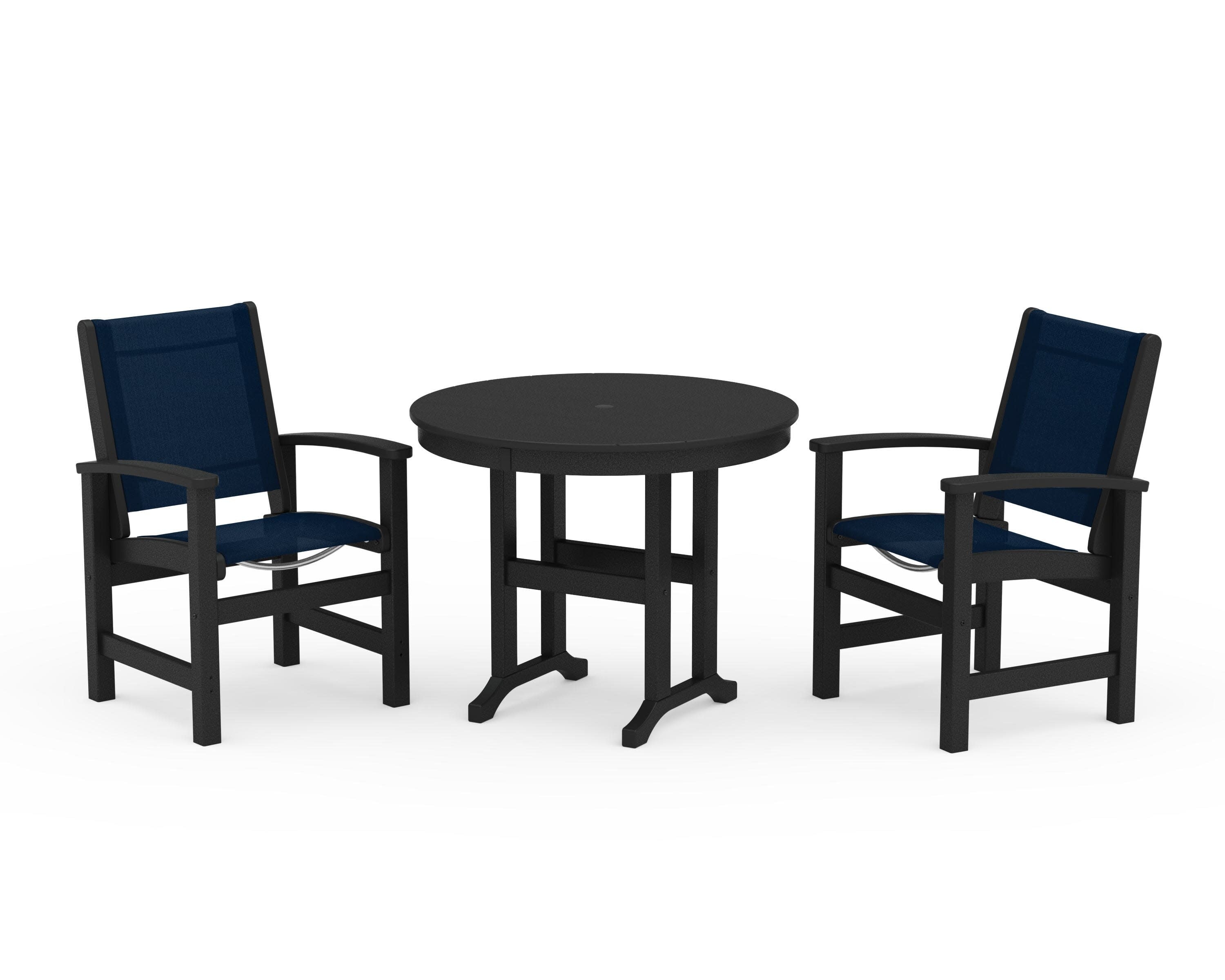 Coastal 3-Piece Round Dining Set in Black / Navy Blue Sling