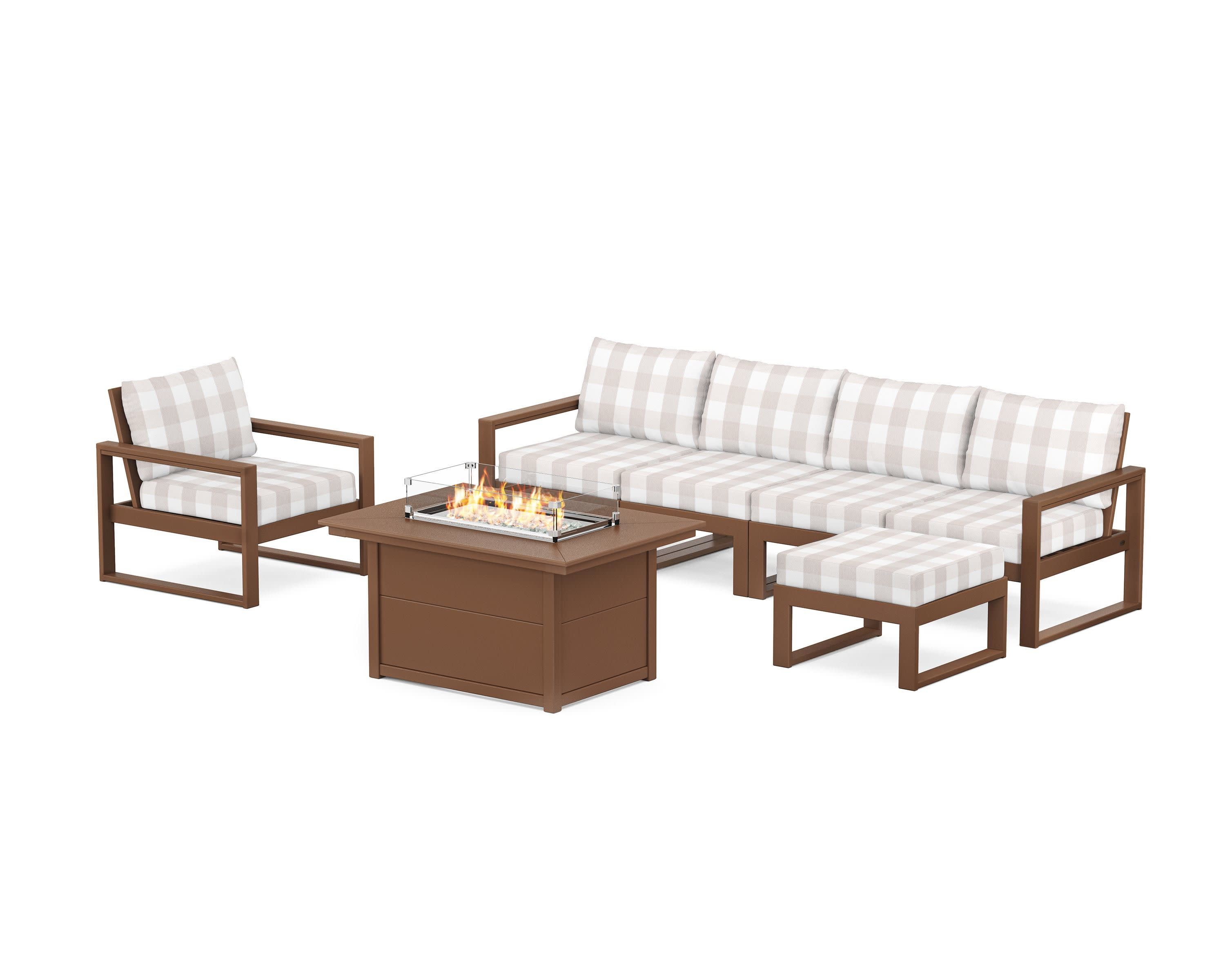 EDGE Sectional Lounge and Fire Pit Set in Teak / Buffalo Plaid Dune Burlap