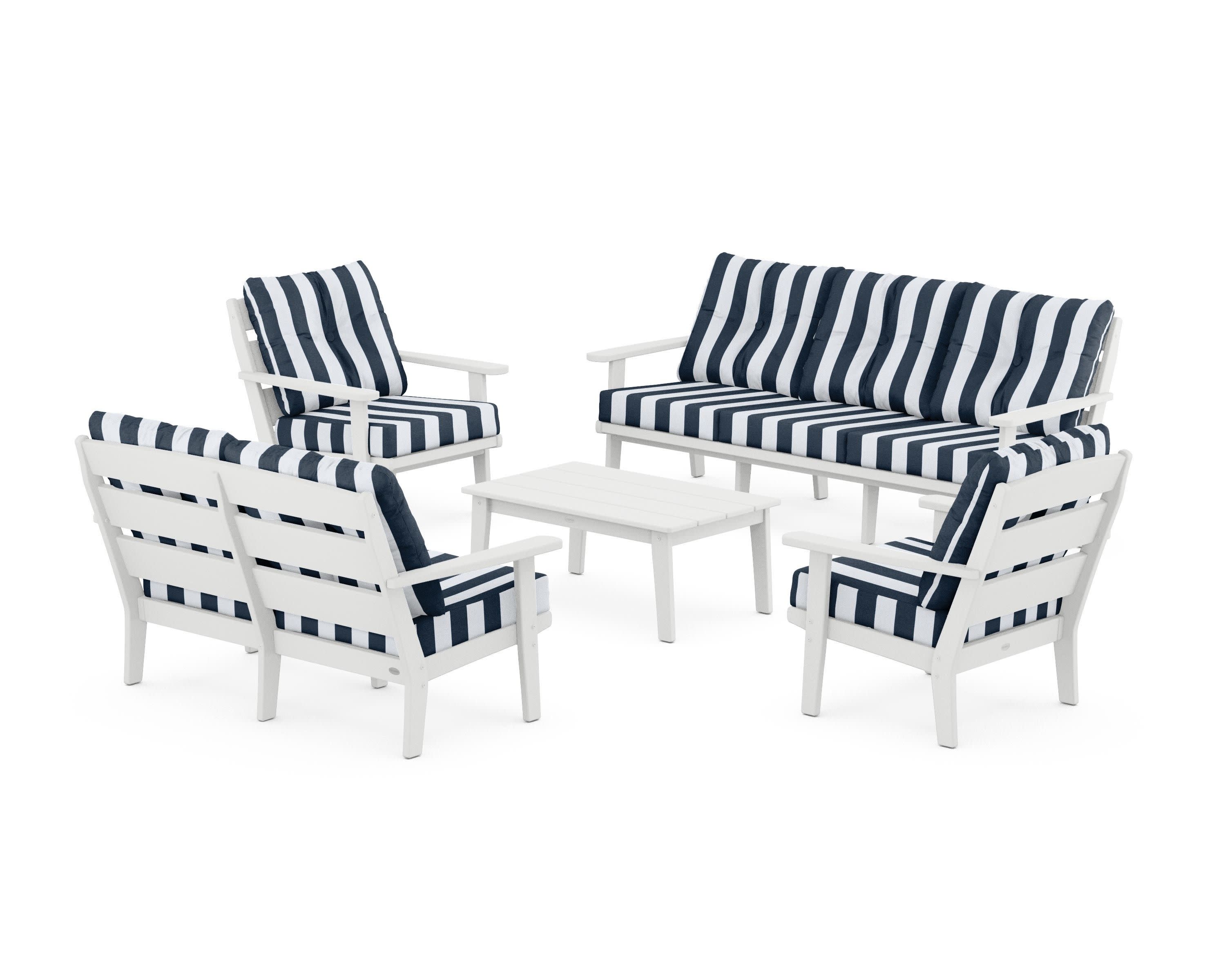 Lakeside 5-Piece Lounge Sofa Set in White / Cabana Stripe Marine Indigo