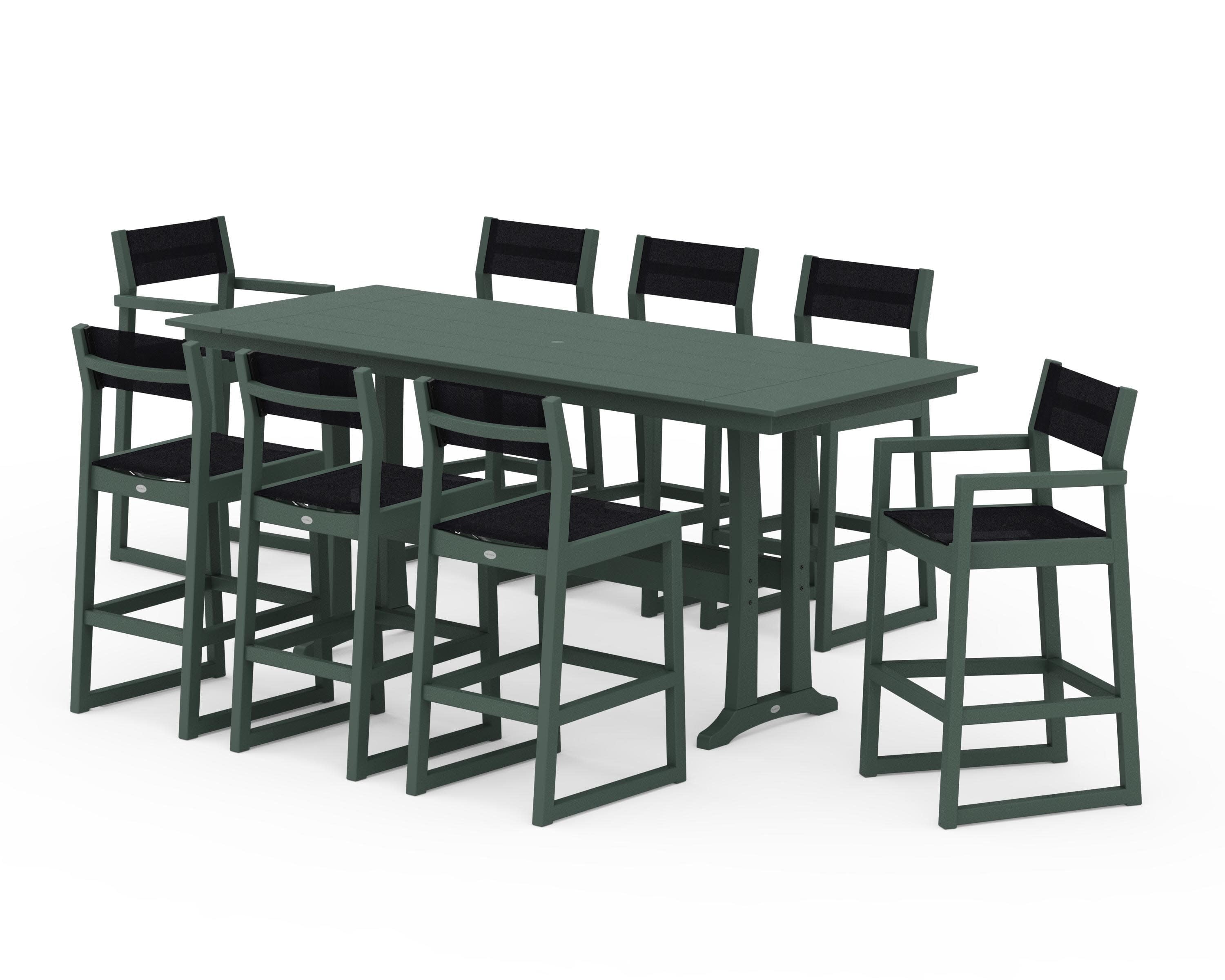 EDGE Sling 9-Piece Farmhouse Bar Set with Trestle Legs in Green / Black Sling
