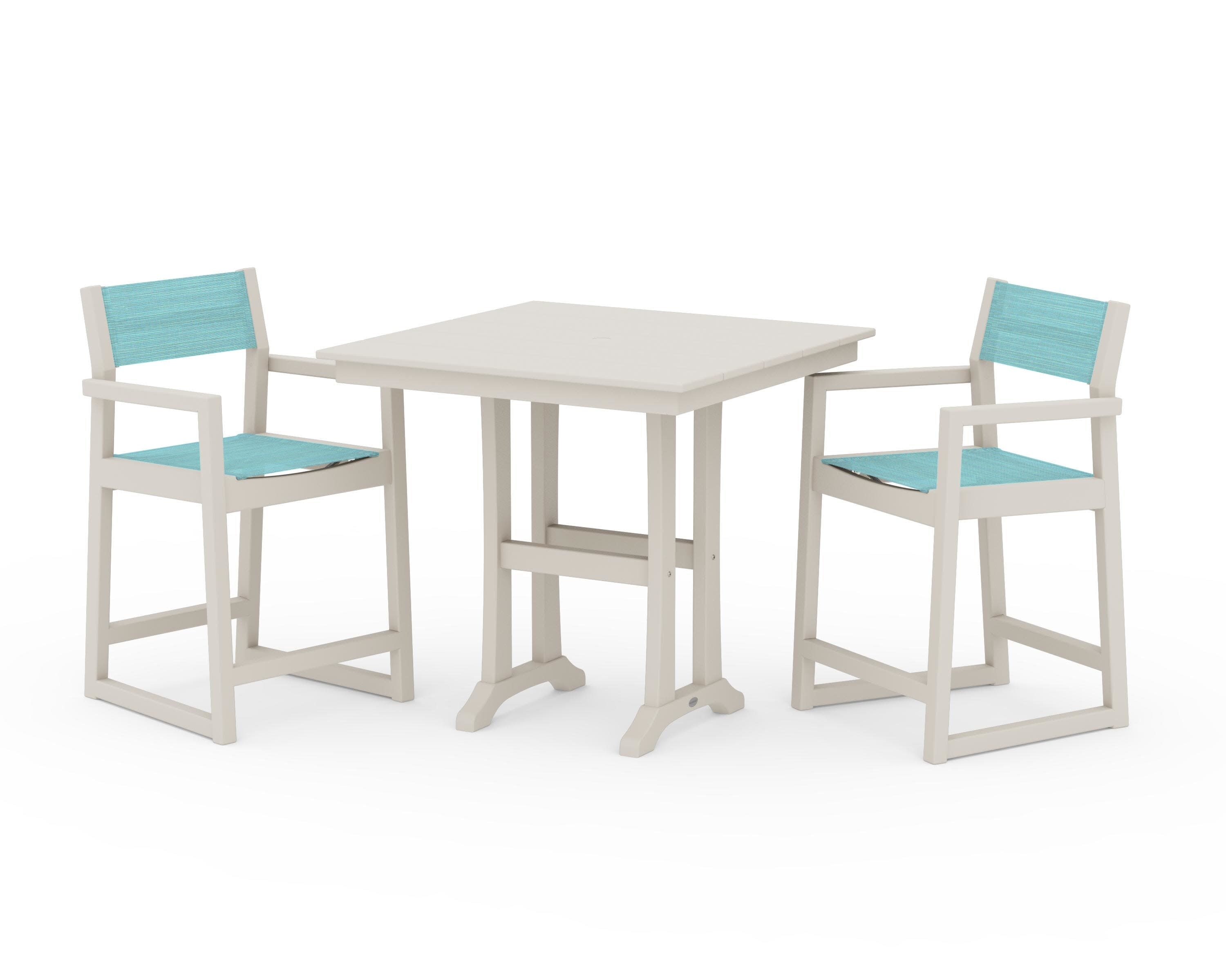 EDGE Sling Arm Chair 3-Piece Farmhouse Counter Set with Trestle Legs in Sand / Dupioni Aquamarine Sling