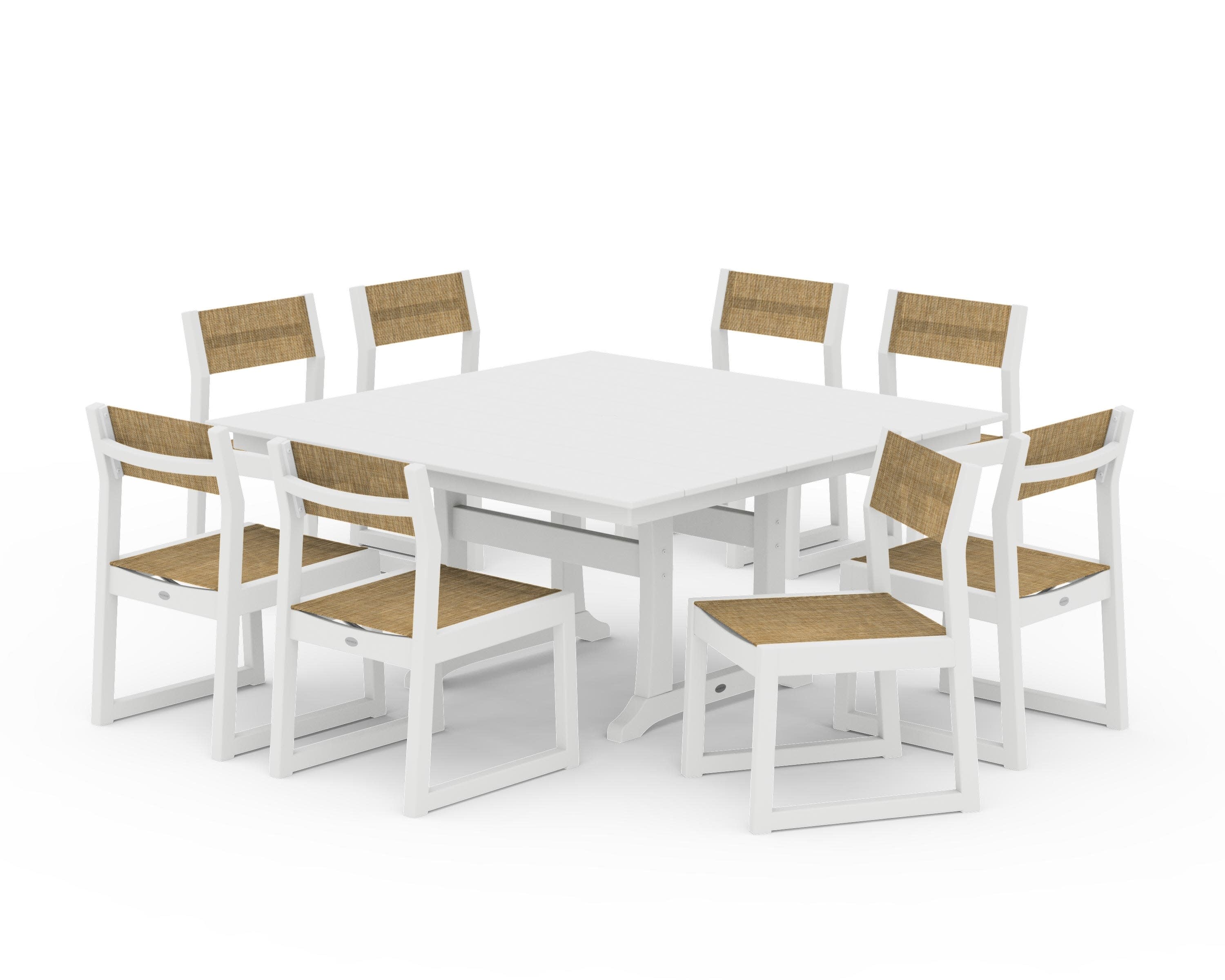 EDGE Sling Side Chair 9-Piece Farmhouse Trestle Dining Set in White / Burlap Sling
