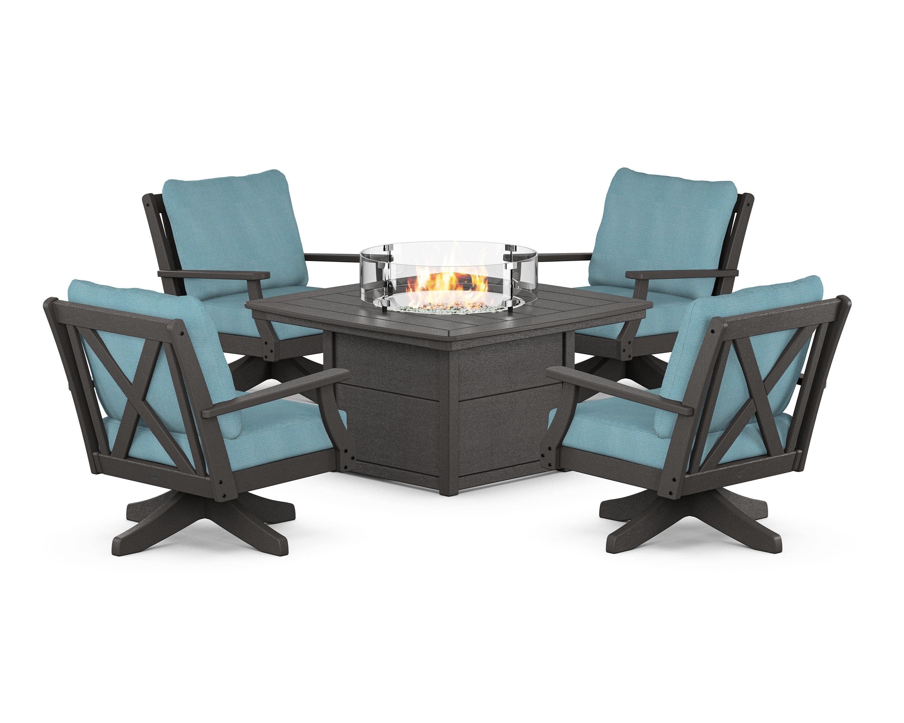 Braxton 5-Piece Deep Seating Swivel Conversation Set with Fire Pit Table in Vintage Coffee / Lattice Sky Blue