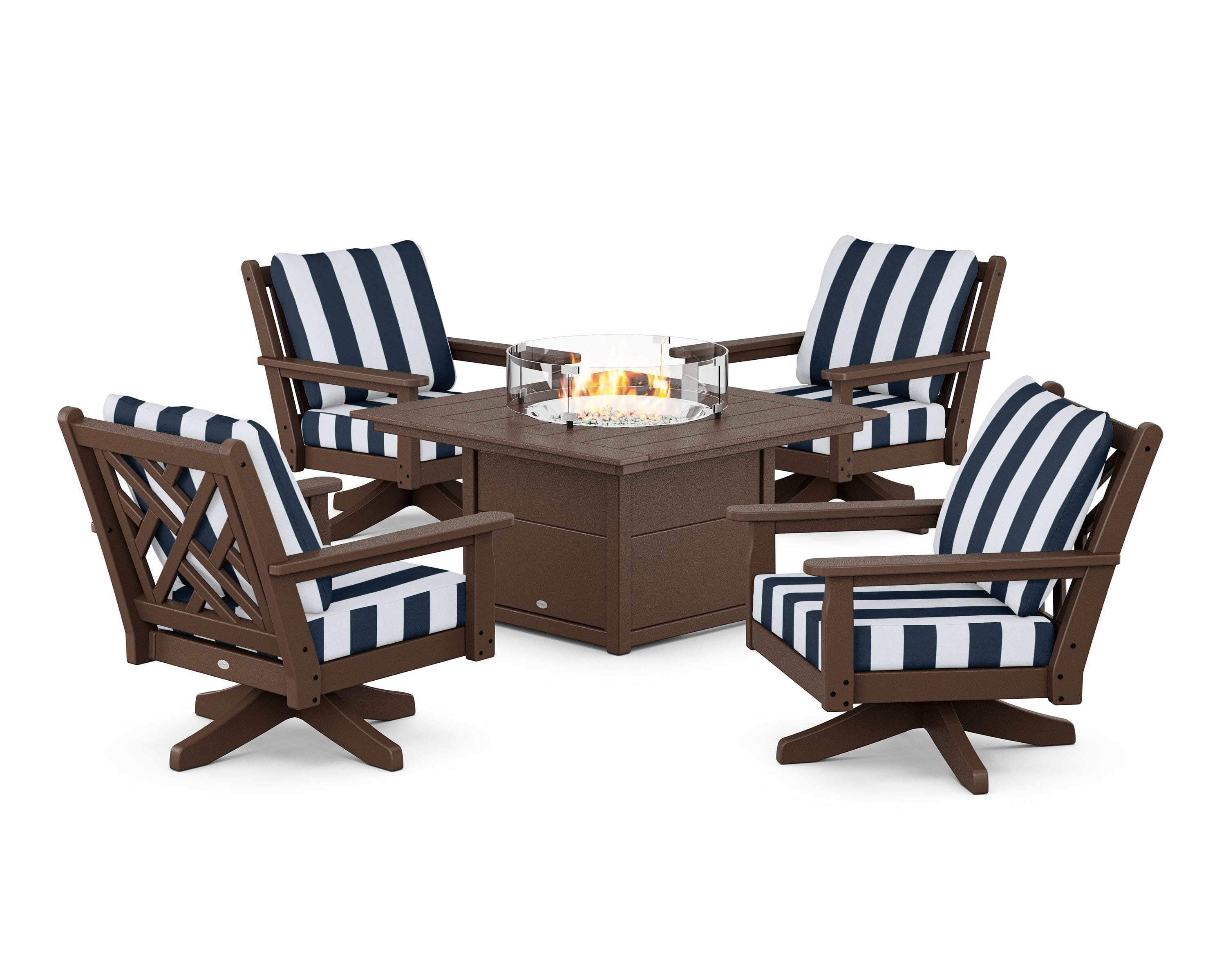 Chippendale 5-Piece Deep Seating Swivel Conversation Set with Fire Pit Table in Mahogany / Cabana Stripe Marine Indigo