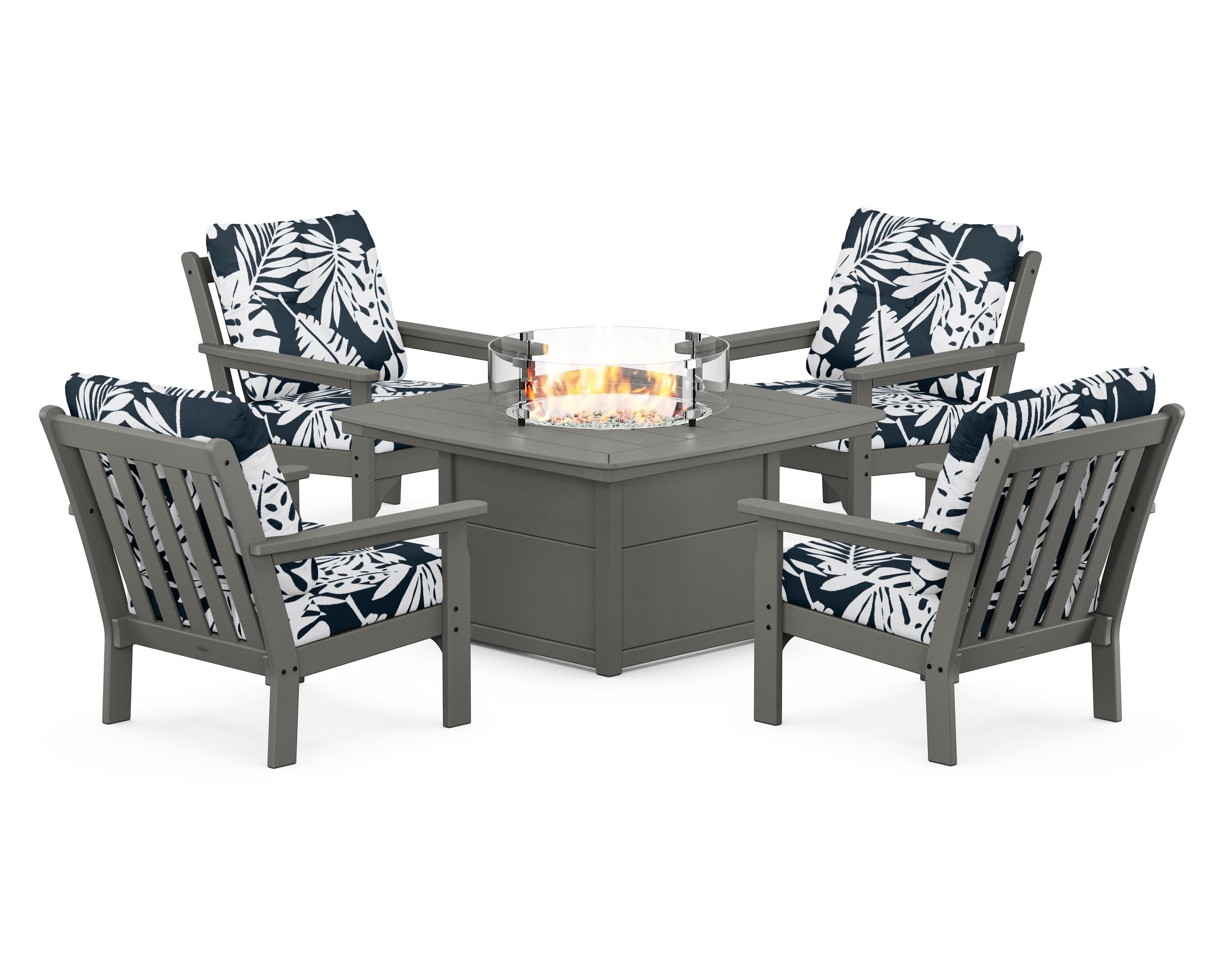 Vineyard 5-Piece Conversation Set with Fire Pit Table in Slate Grey / Leaf Marine Indigo