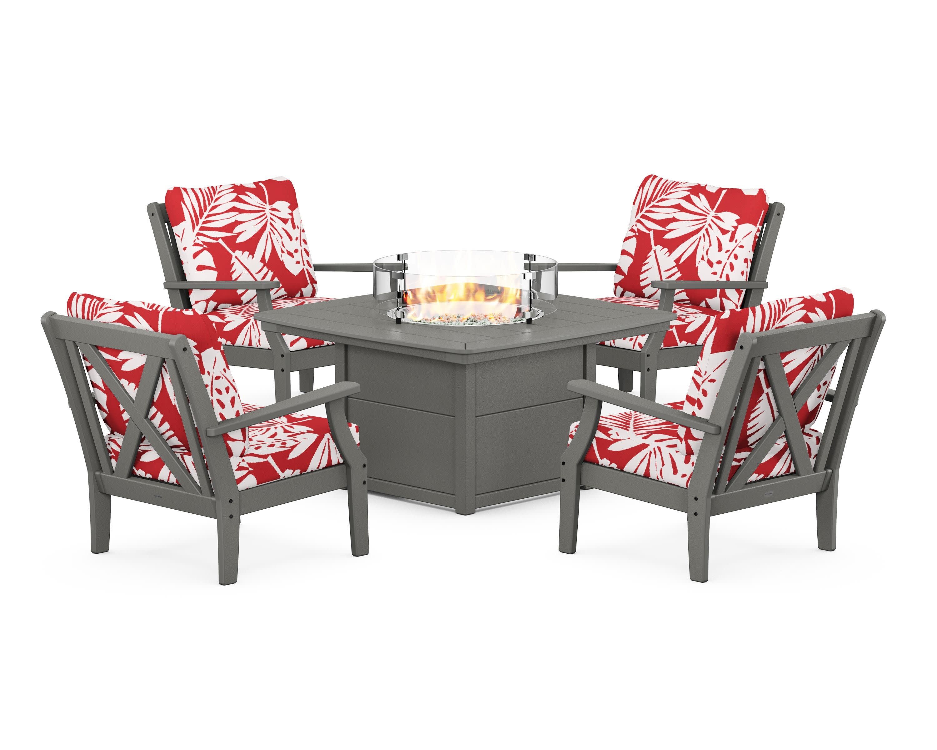 Braxton 5-Piece Deep Seating Conversation Set with Fire Pit Table in Slate Grey / Leaf Crimson