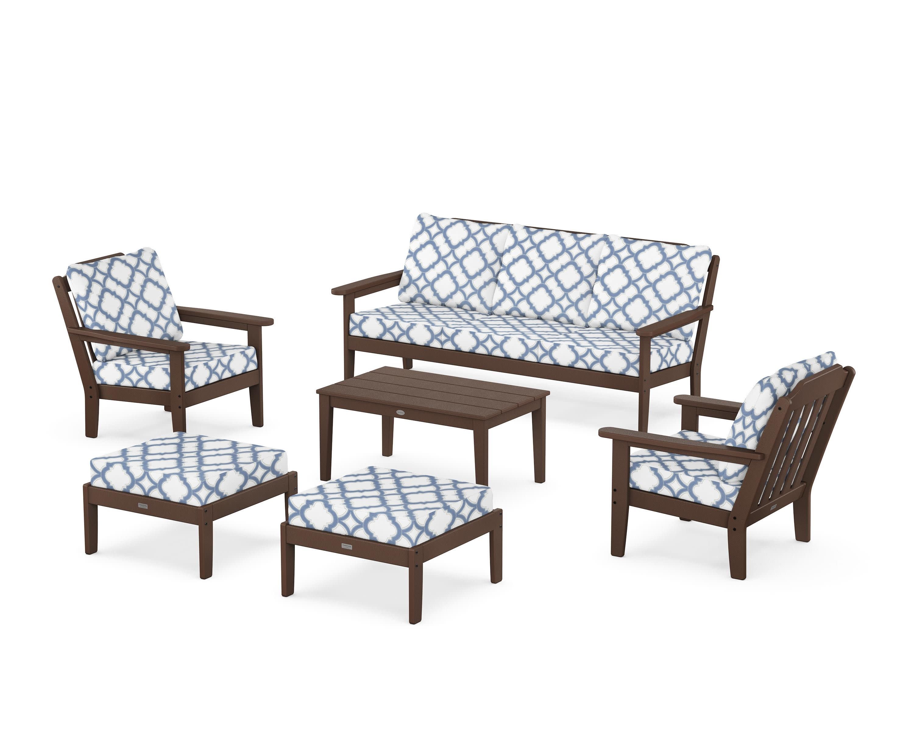 Cottage 6-Piece Lounge Sofa Set in Mahogany / Trellis Sky Blue