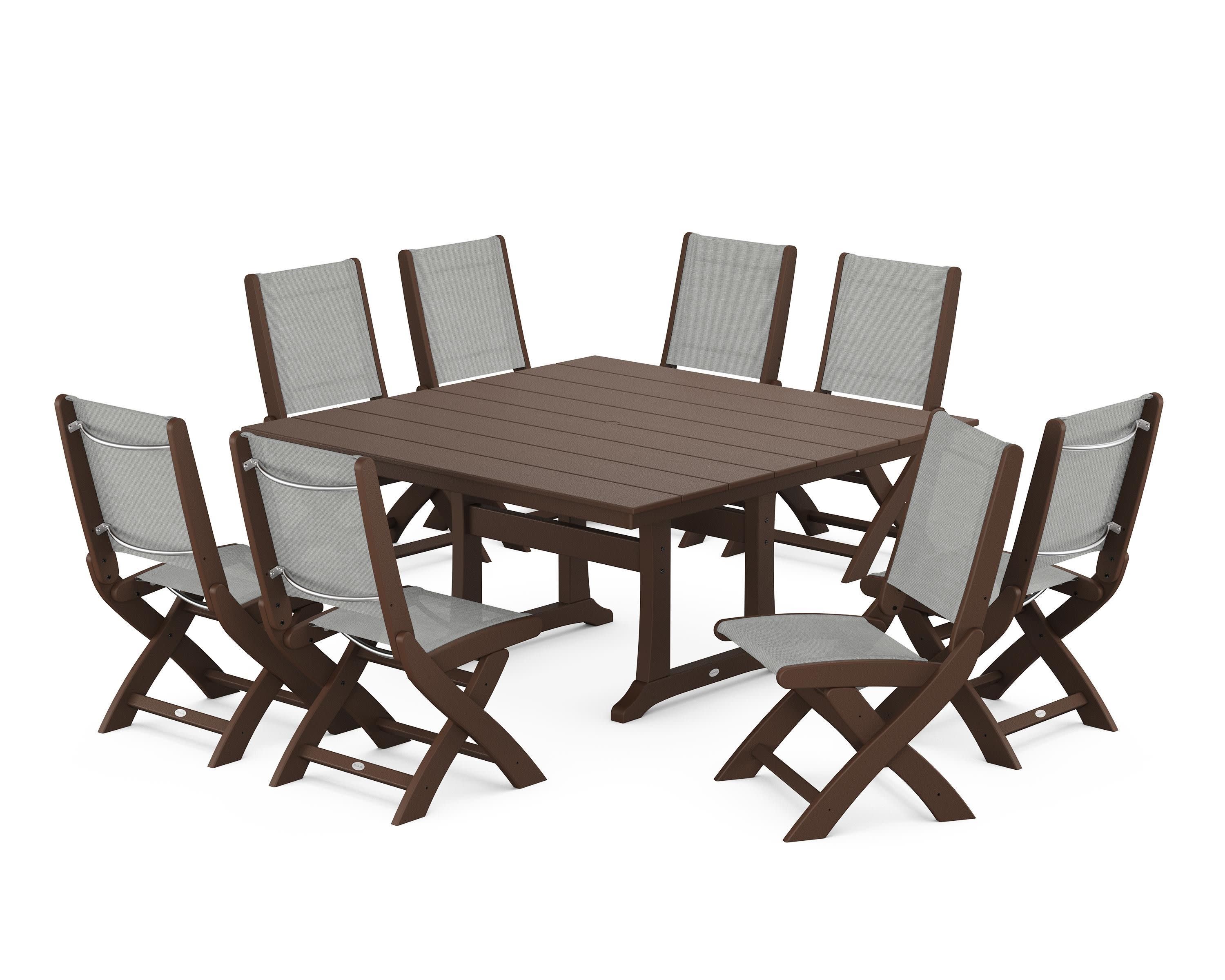 Coastal Folding Side Chair 9-Piece Farmhouse Dining Set in Mahogany / Metallic Sling
