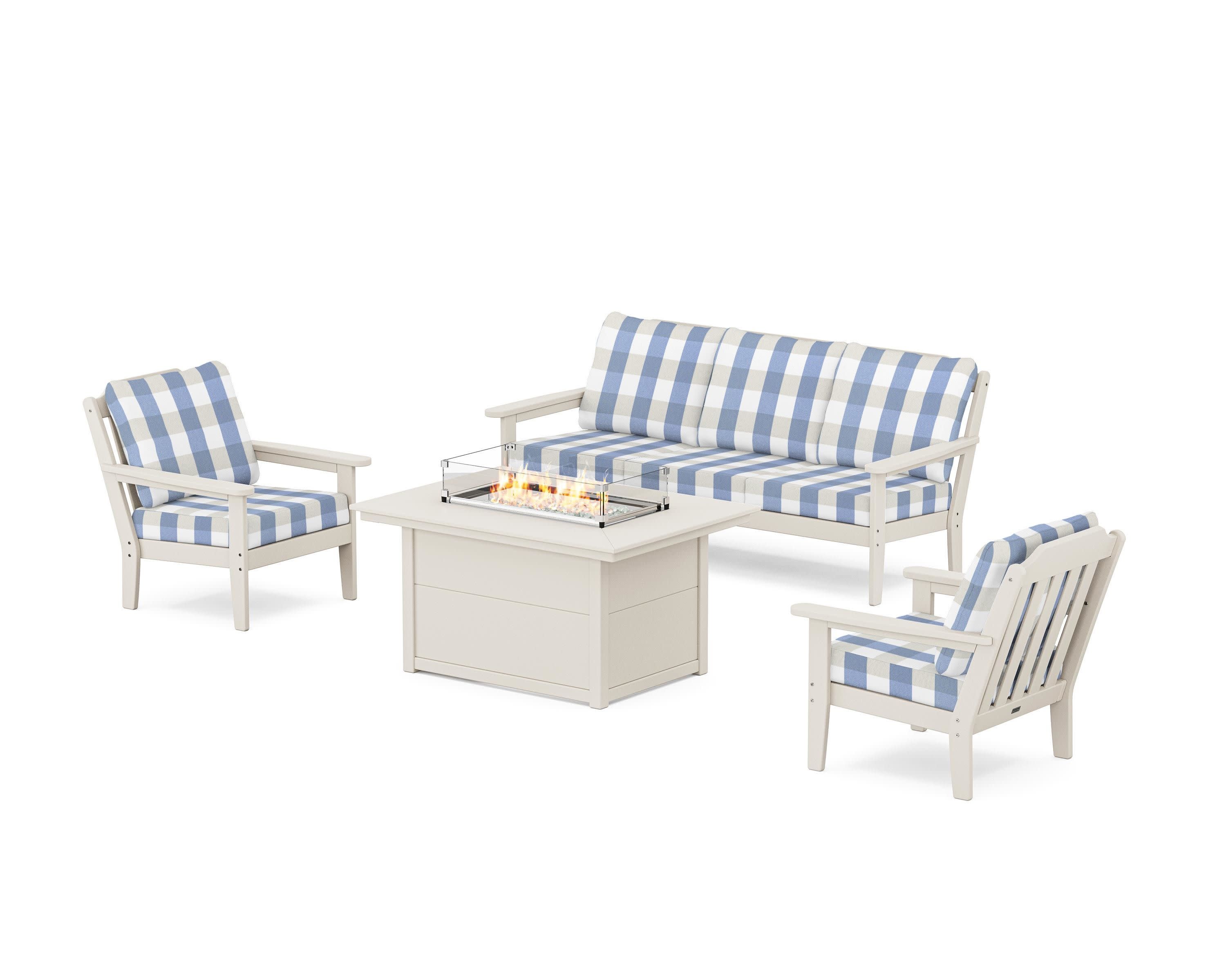 Cottage Deep Seating Fire Pit Table Set in Sand / Buffalo Plaid Sky Blue