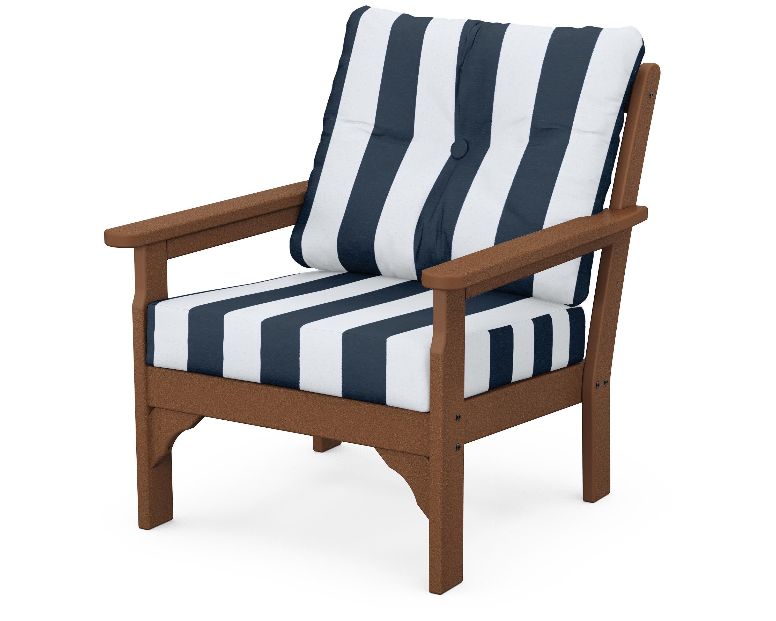 Vineyard Deep Seating Chair in Teak / Cabana Stripe Marine Indigo