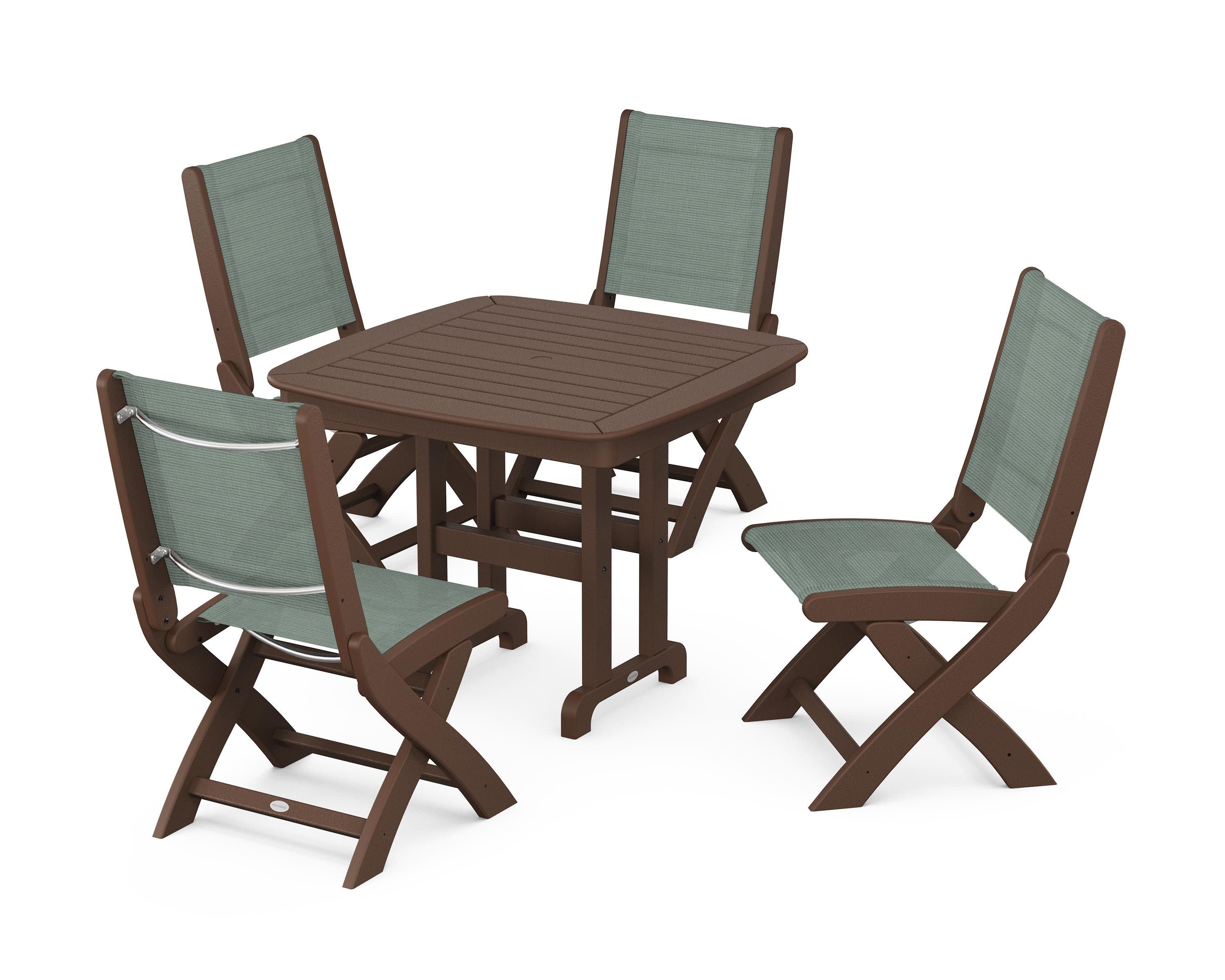 Coastal Folding Side Chair 5-Piece Dining Set in Mahogany / Dupioni Sea Mist Sling