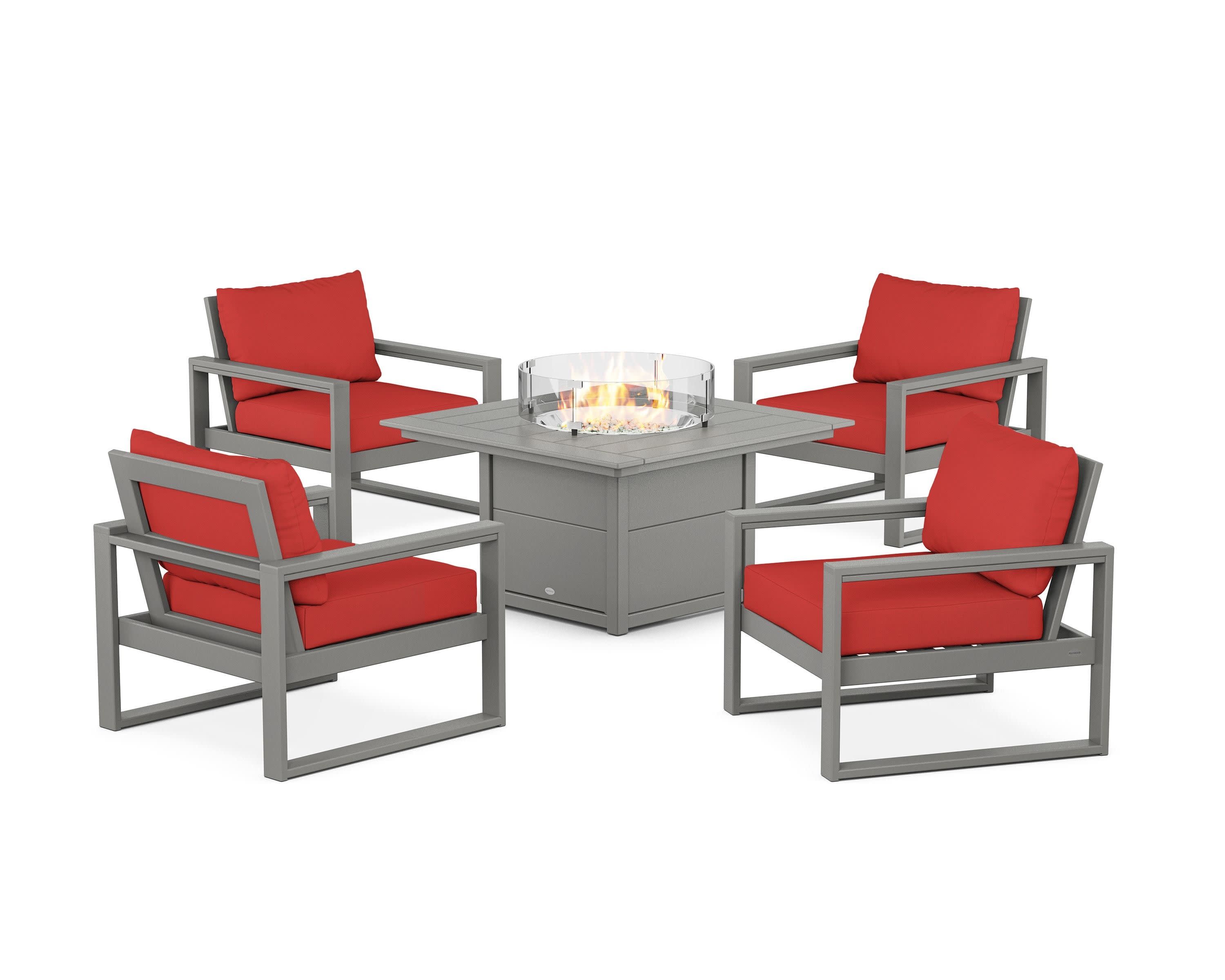 EDGE Sectional 5-Piece Deep Seating Set with Fire Pit Table in Slate Grey / Crimson Linen