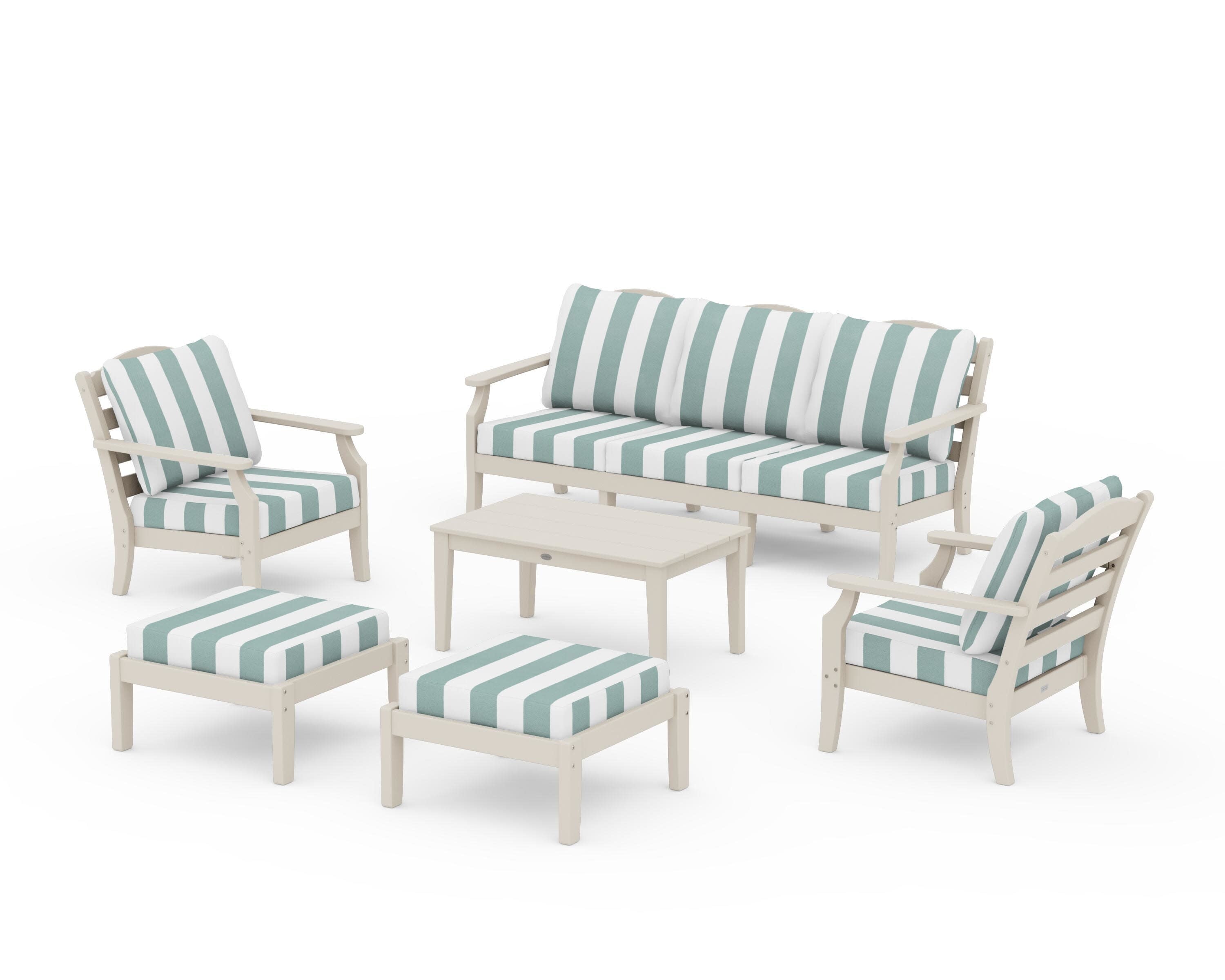 Savannah 6-Piece Lounge Sofa Set in Sand / Cabana Stripe Glacier Spa