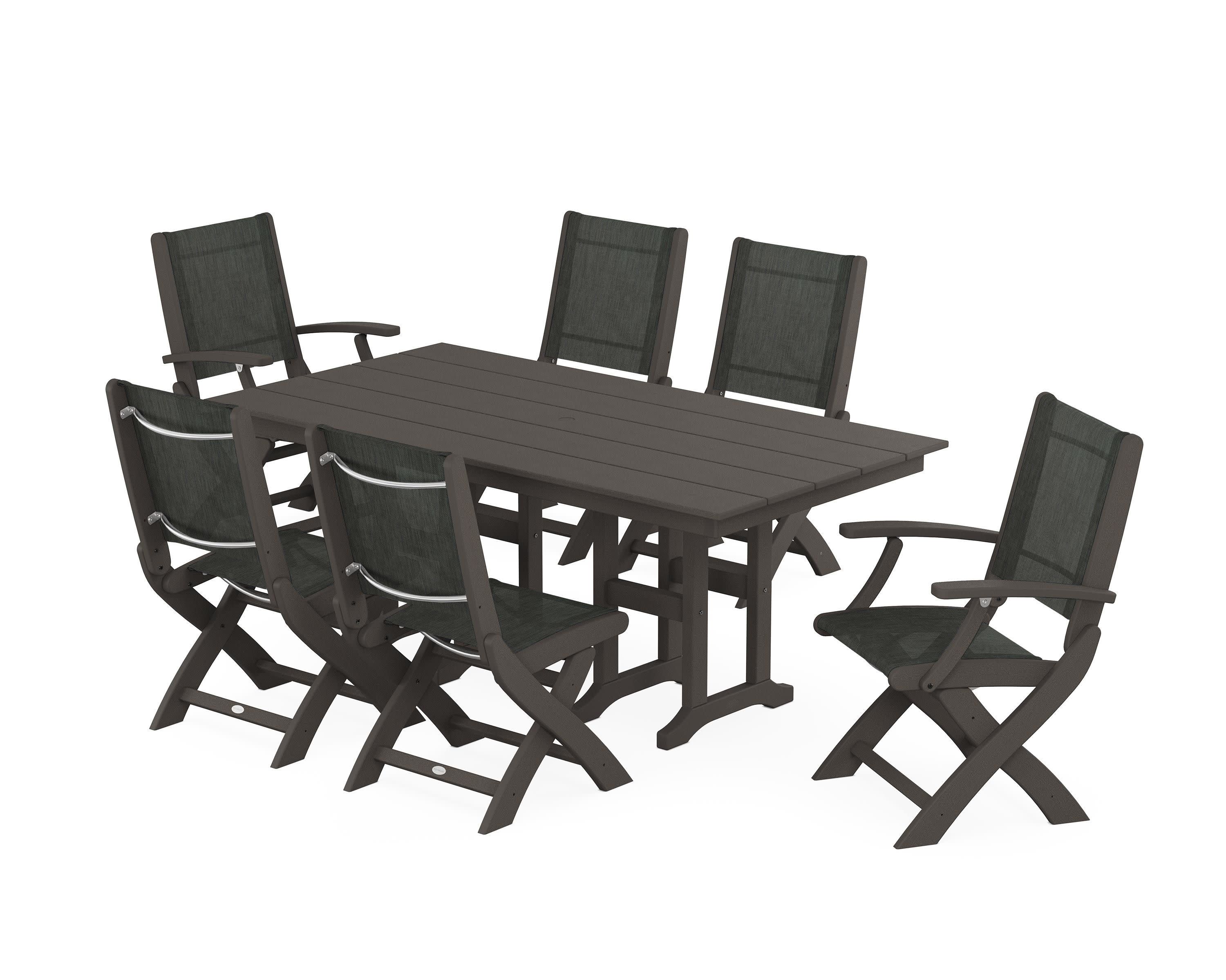 Coastal Folding Chair 7-Piece Farmhouse Dining Set in Vintage Coffee / Ember Sling