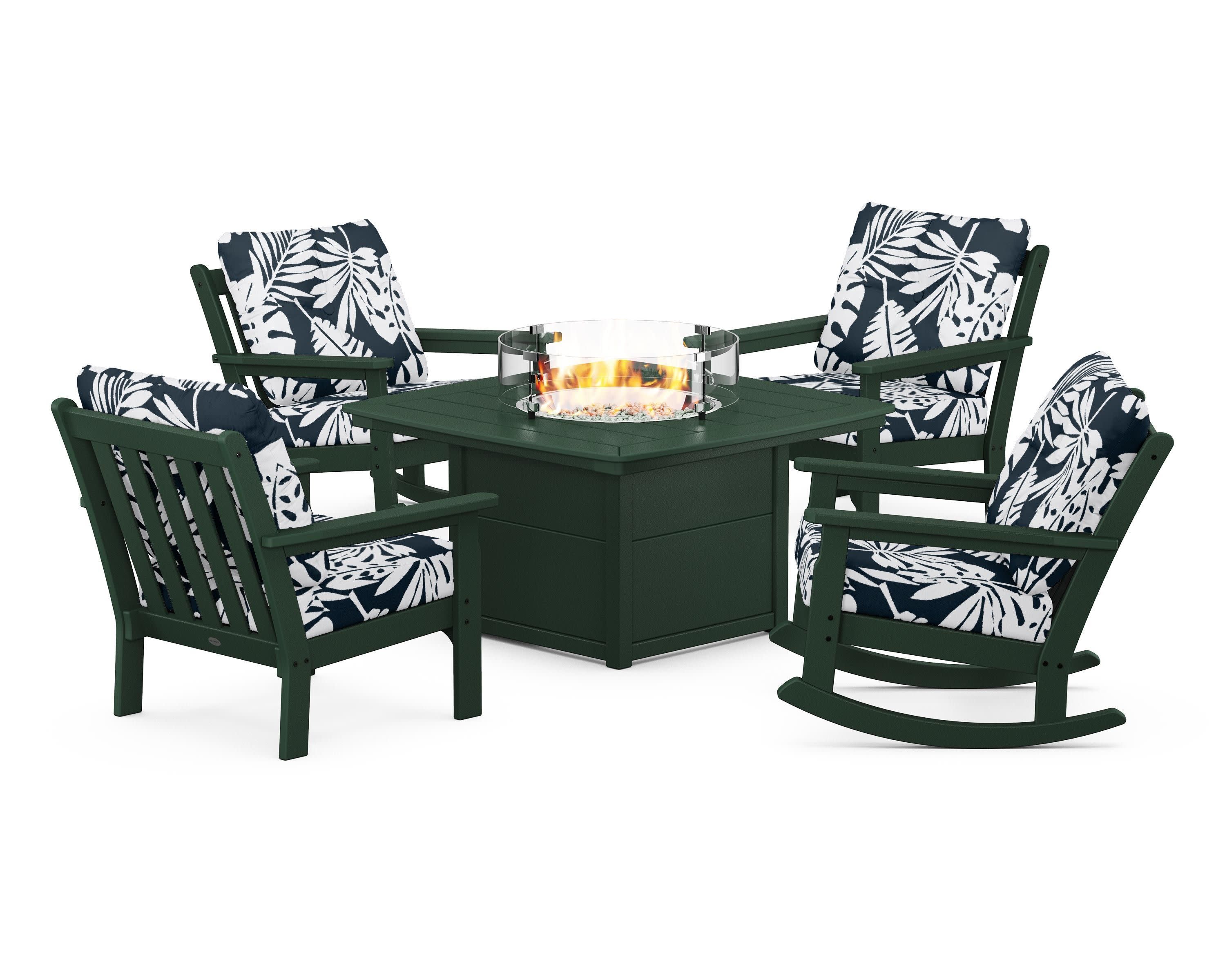Vineyard 5-Piece Deep Seating Rocking Chair Conversation Set with Fire Pit Table in Green / Leaf Marine Indigo