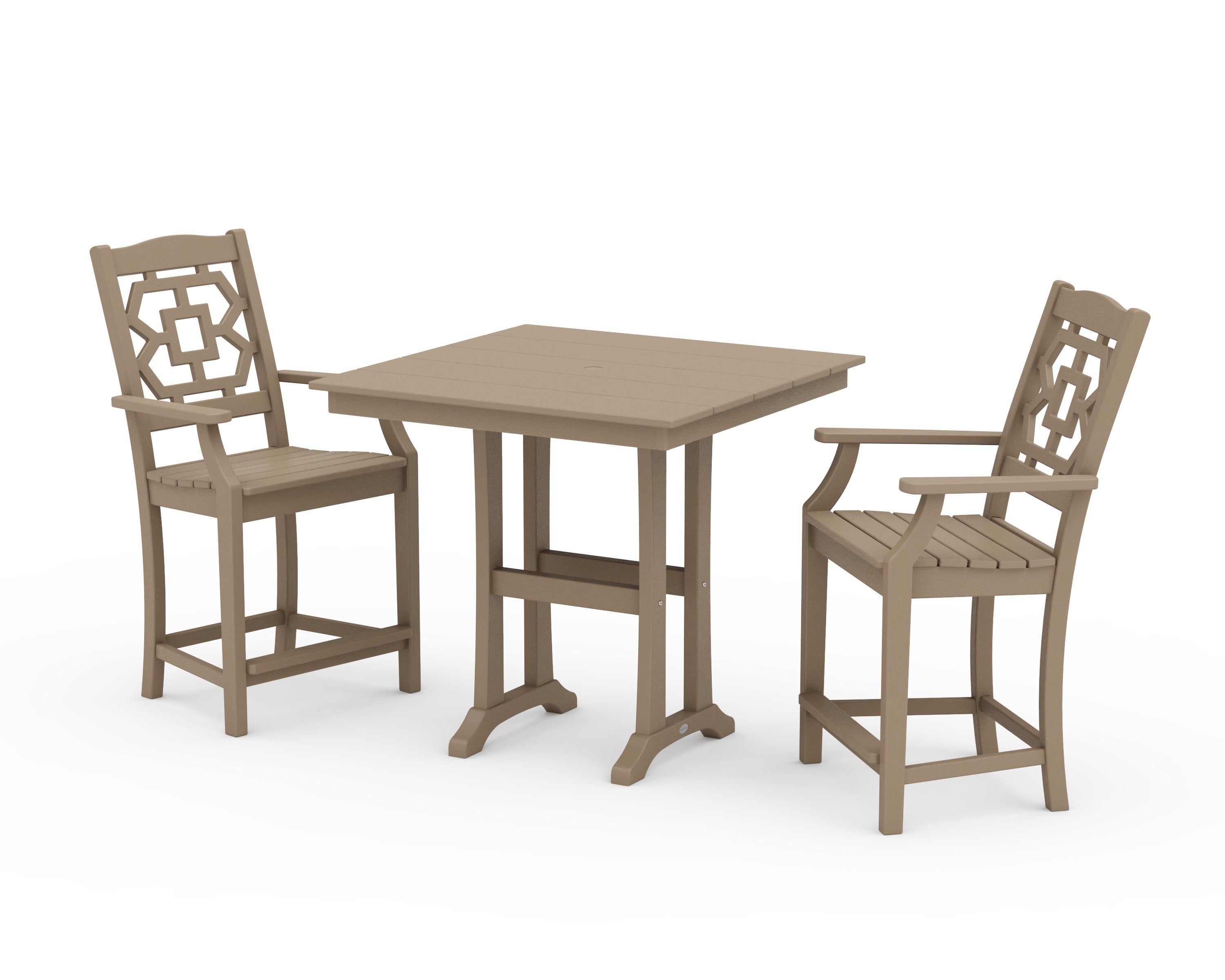 Chinoiserie 3-Piece Farmhouse Counter Set with Trestle Legs in Vintage Sahara