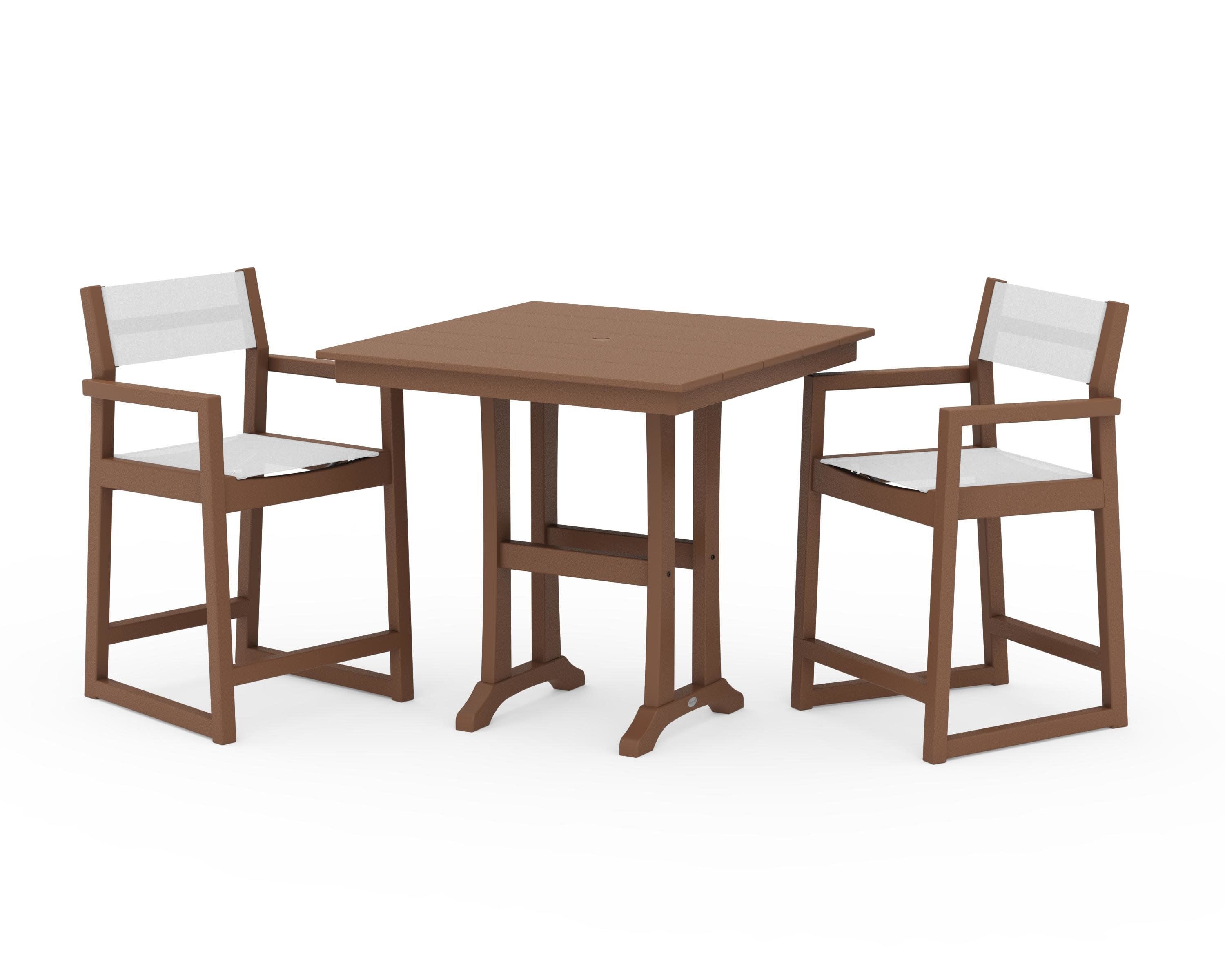 EDGE Sling Arm Chair 3-Piece Farmhouse Counter Set with Trestle Legs in Teak / White Sling