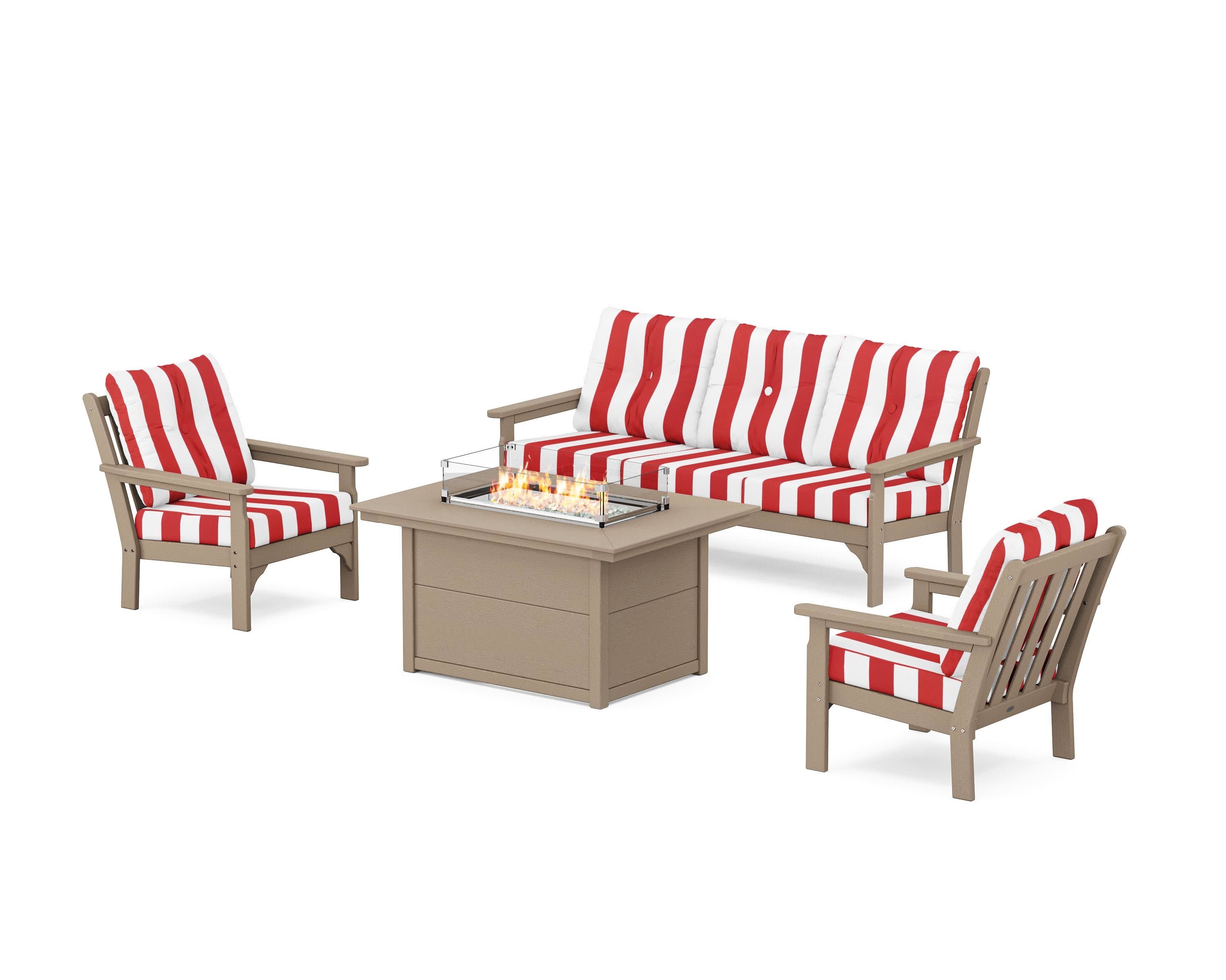 Vineyard Deep Seating Fire Pit Table Set in Vintage Sahara / Cabana Stripe Crimson