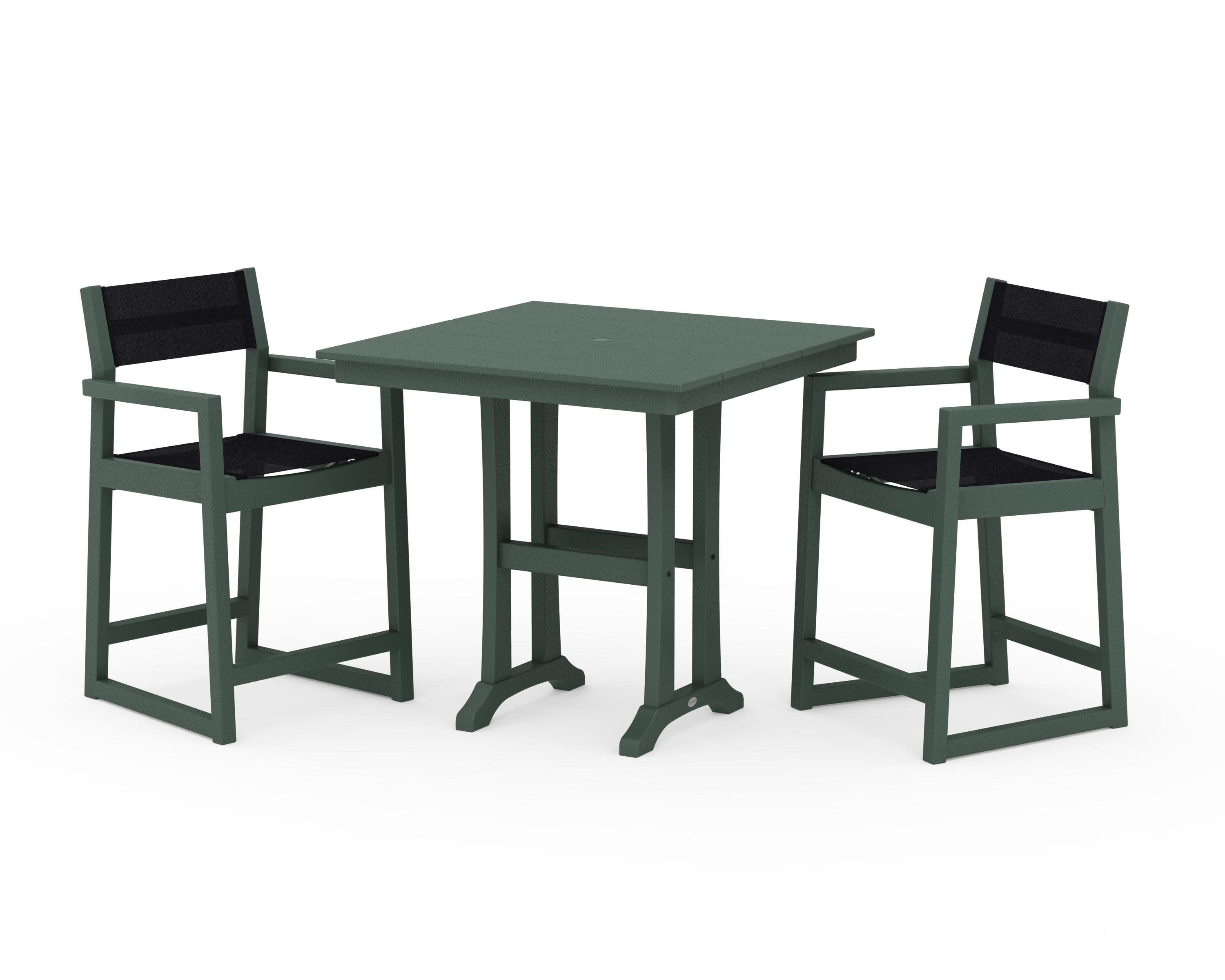 EDGE Sling Arm Chair 3-Piece Farmhouse Counter Set with Trestle Legs in Green / Black Sling