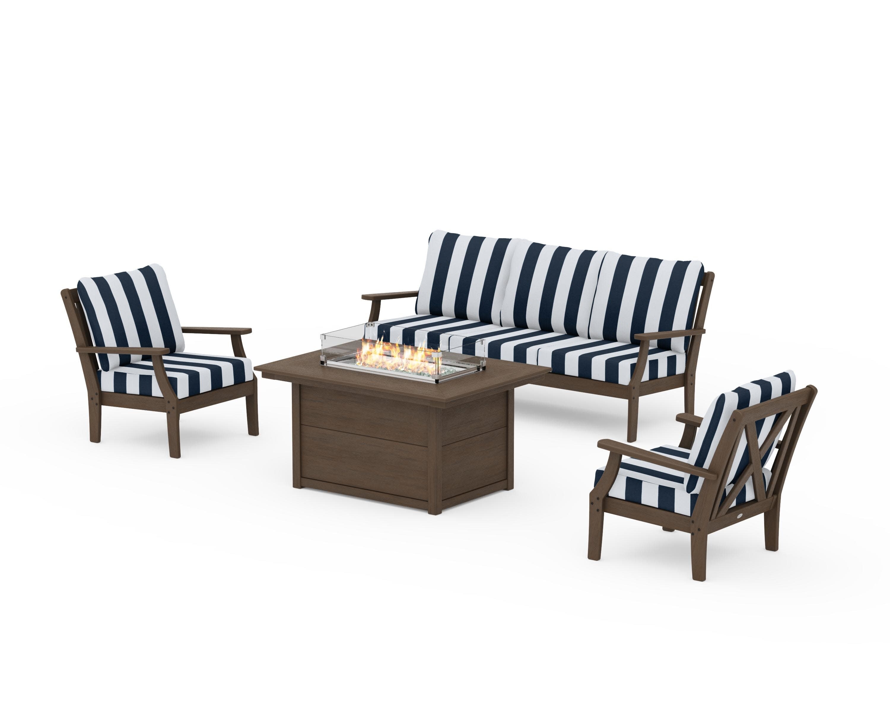 Braxton Deep Seating Fire Pit Table Set in Kona / Cabana Stripe Marine Indigo
